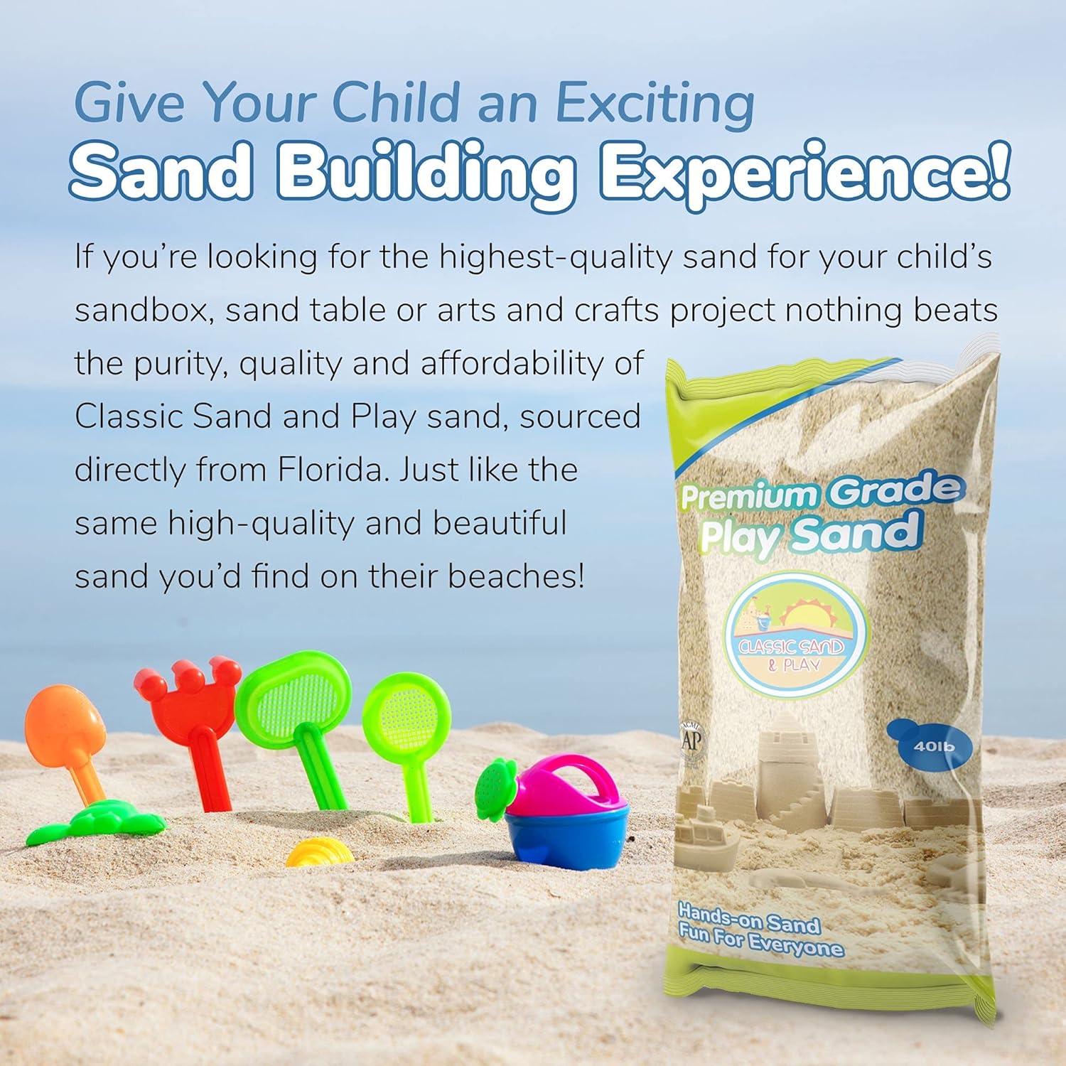 Classic Sand and Play Sand for Sandbox, Table, Therapy, and Outdoor Use, 40 lb. Bag, Natural, Non-Toxic, Wet Castle Building for Creativity and Stimulates Sensory Skills3