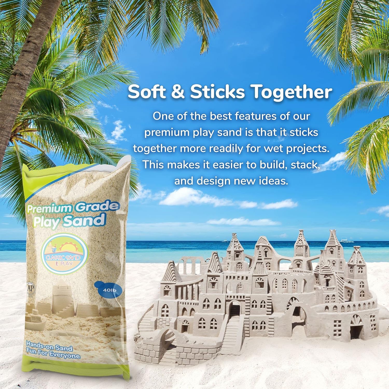 Classic Sand and Play Sand for Sandbox, Table, Therapy, and Outdoor Use, 40 lb. Bag, Natural, Non-Toxic, Wet Castle Building for Creativity and Stimulates Sensory Skills4