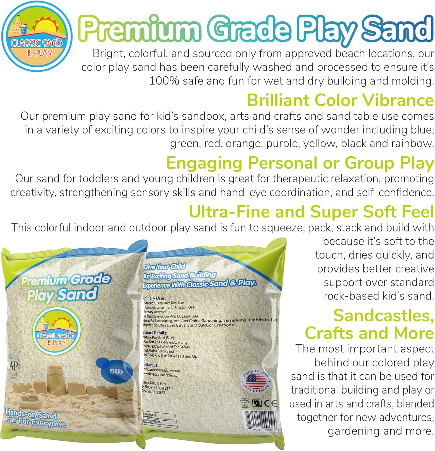 Classic Sand and Play Sand for Sandbox, Table, Therapy, and Outdoor Use, 5 lb. Bag, Natural, Non-Toxic, Wet Castle Building for Creativity and Stimulates Sensory Skills1