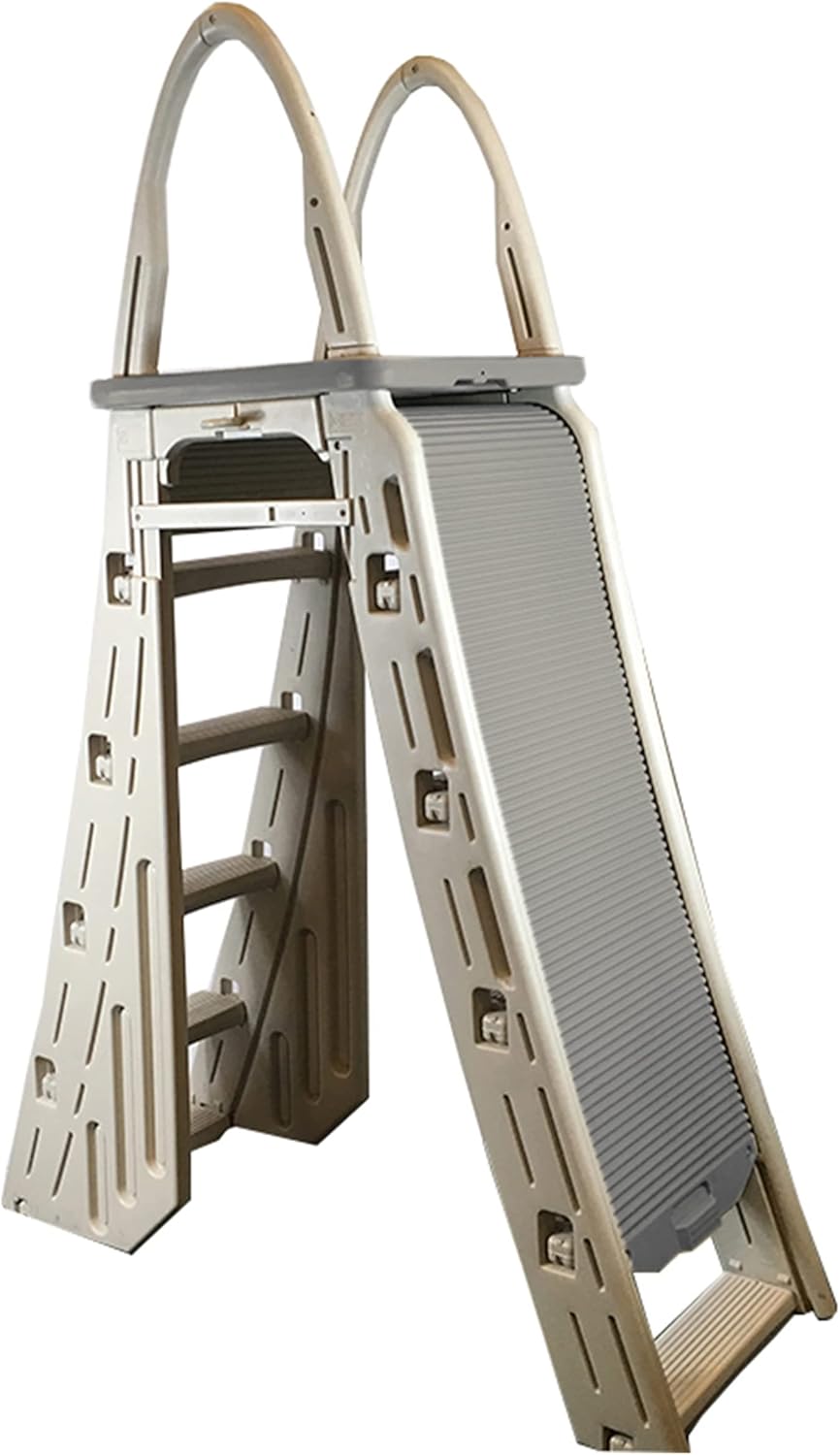 Confer Plastics 7200 Roll Guard 48 to 56 Adjustable A Frame Safety Above Ground Outdoor Patio Swimming Pool Platform Ladder with Step Barrier, Gray Deck & Tambour Confer Plastics 7200 Roll Guard 48" to 56" Adjustable A Frame Safety Above Ground Outdoor Patio Swimming Pool Platform Ladder with Step Barrier, Gray Deck & Tambour