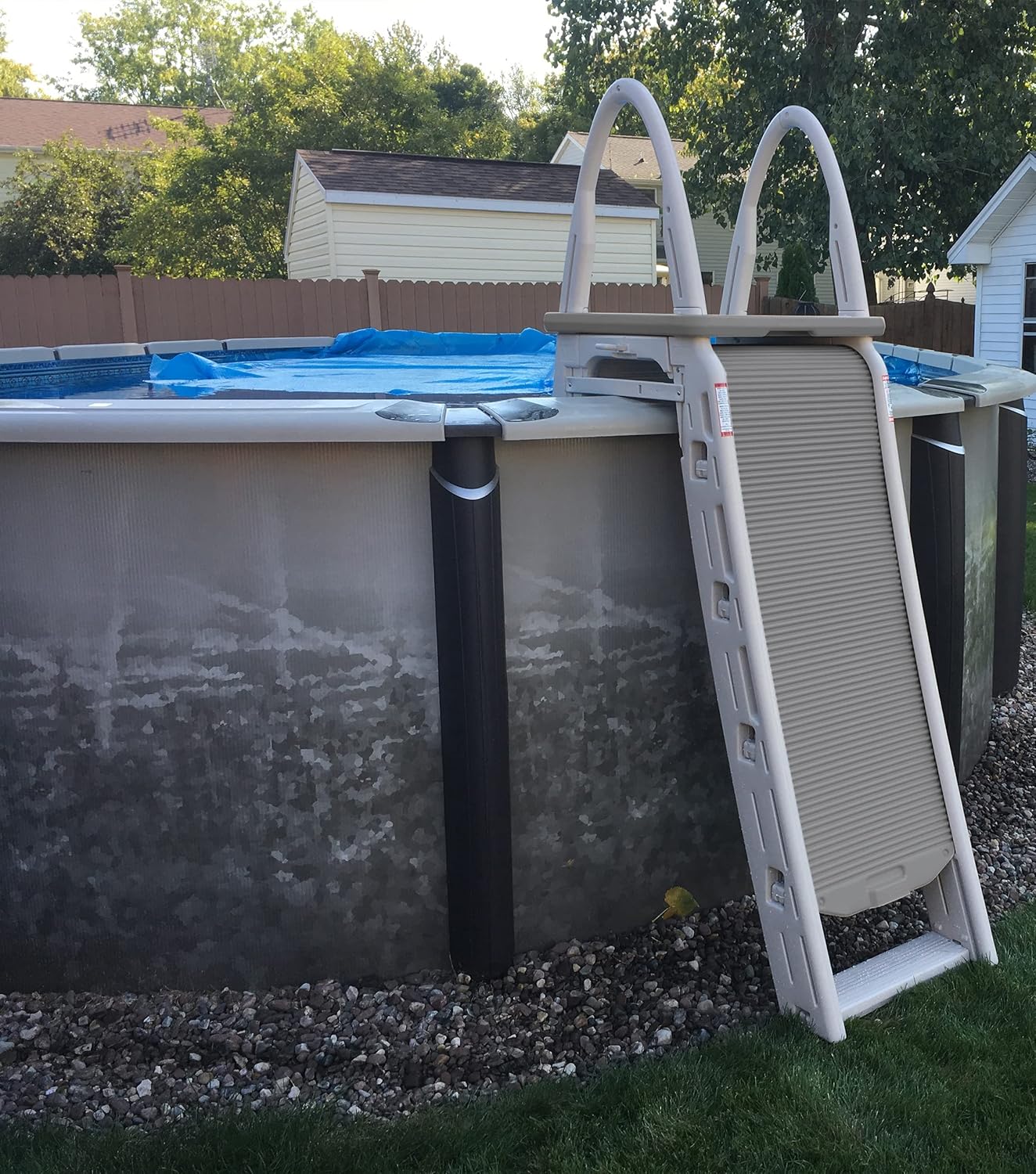 Confer Plastics 7200 Roll Guard 48 to 56 Adjustable A Frame Safety Above Ground Outdoor Patio Swimming Pool Platform Ladder with Step Barrier, Gray Deck & Tambour1