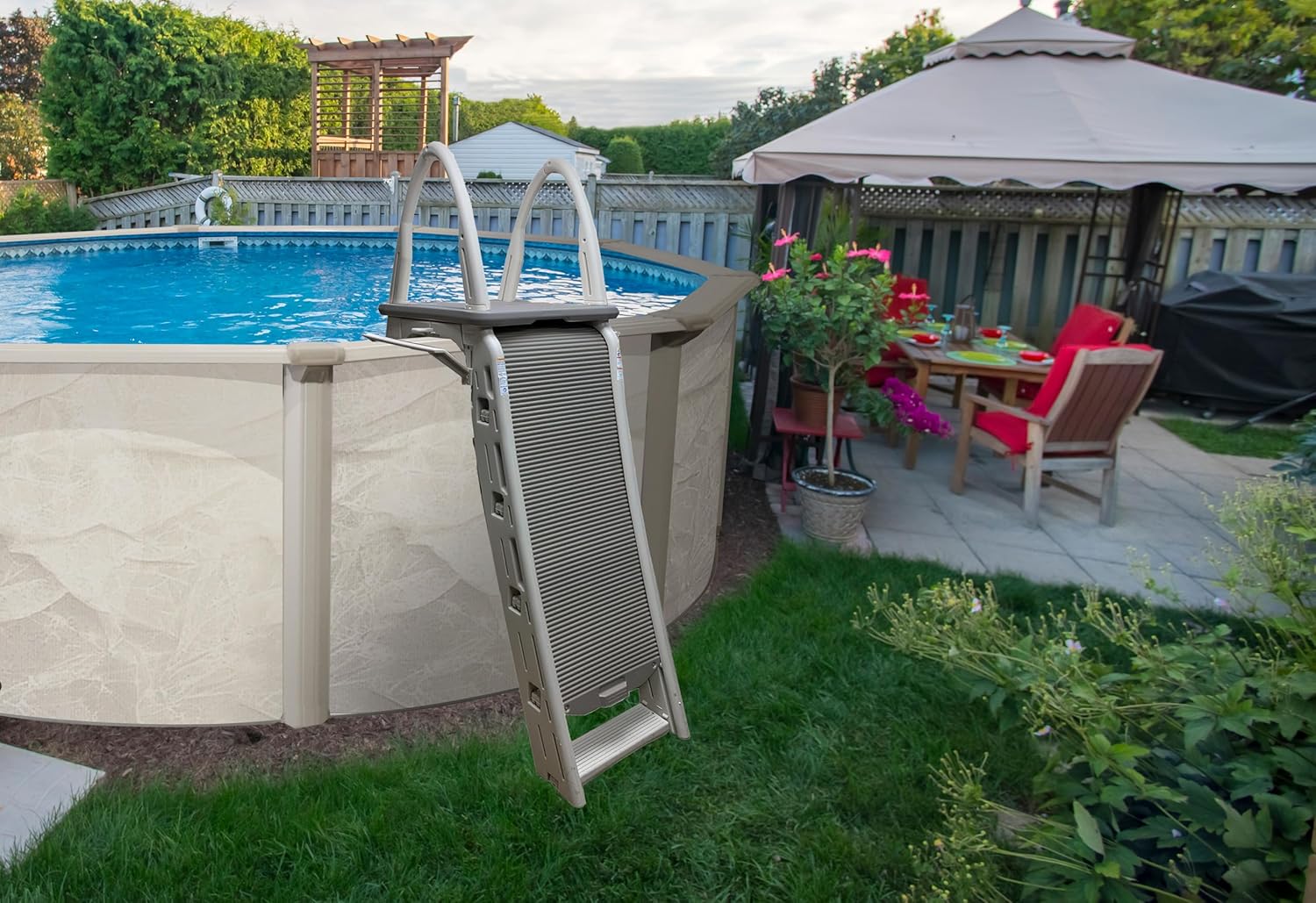 Confer Plastics 7200 Roll Guard 48 to 56 Adjustable A Frame Safety Above Ground Outdoor Patio Swimming Pool Platform Ladder with Step Barrier, Gray Deck & Tambour4