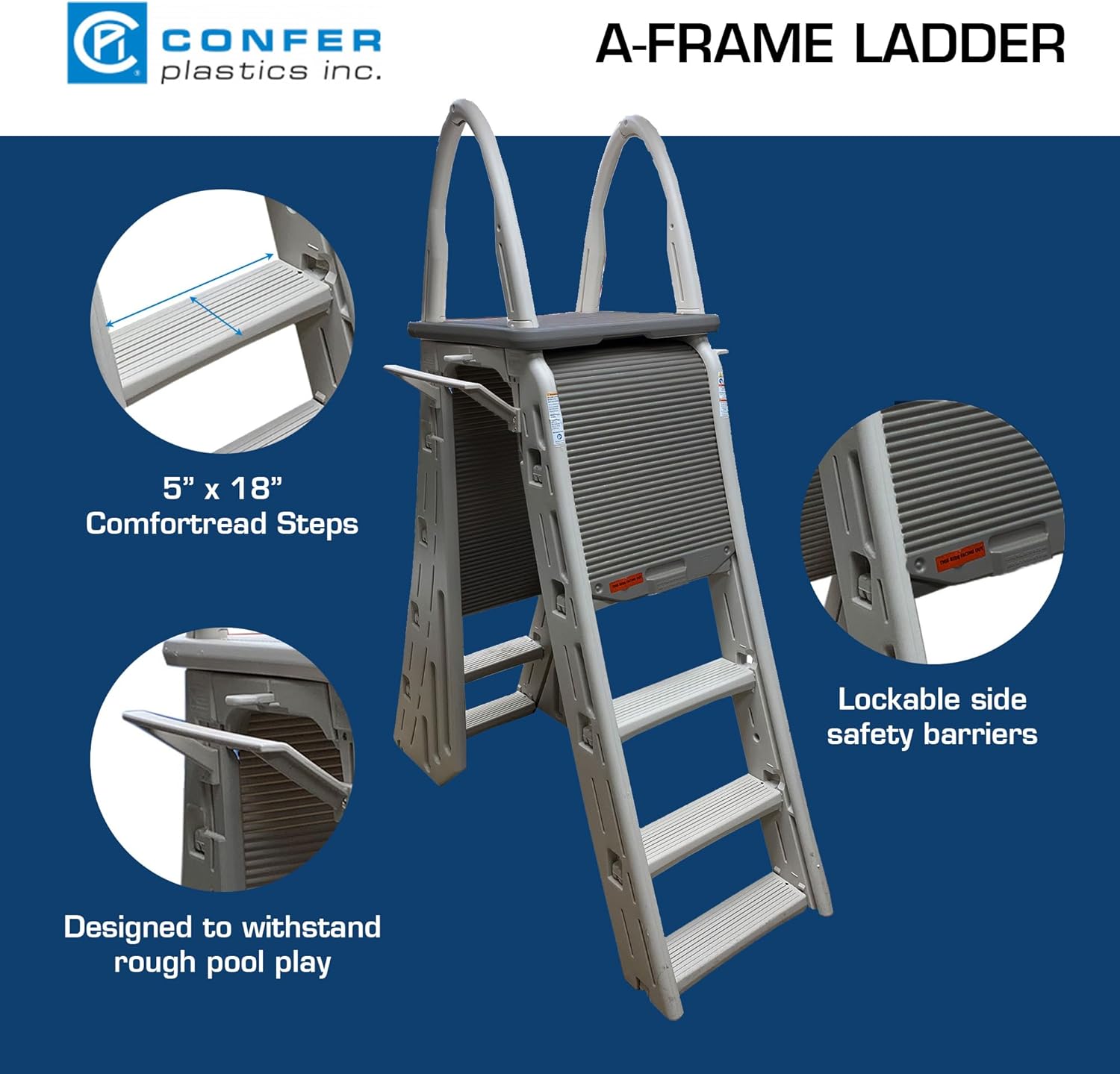 Confer Plastics 7200 Roll Guard 48 to 56 Adjustable A Frame Safety Above Ground Outdoor Patio Swimming Pool Platform Ladder with Step Barrier, Gray Deck & Tambour7