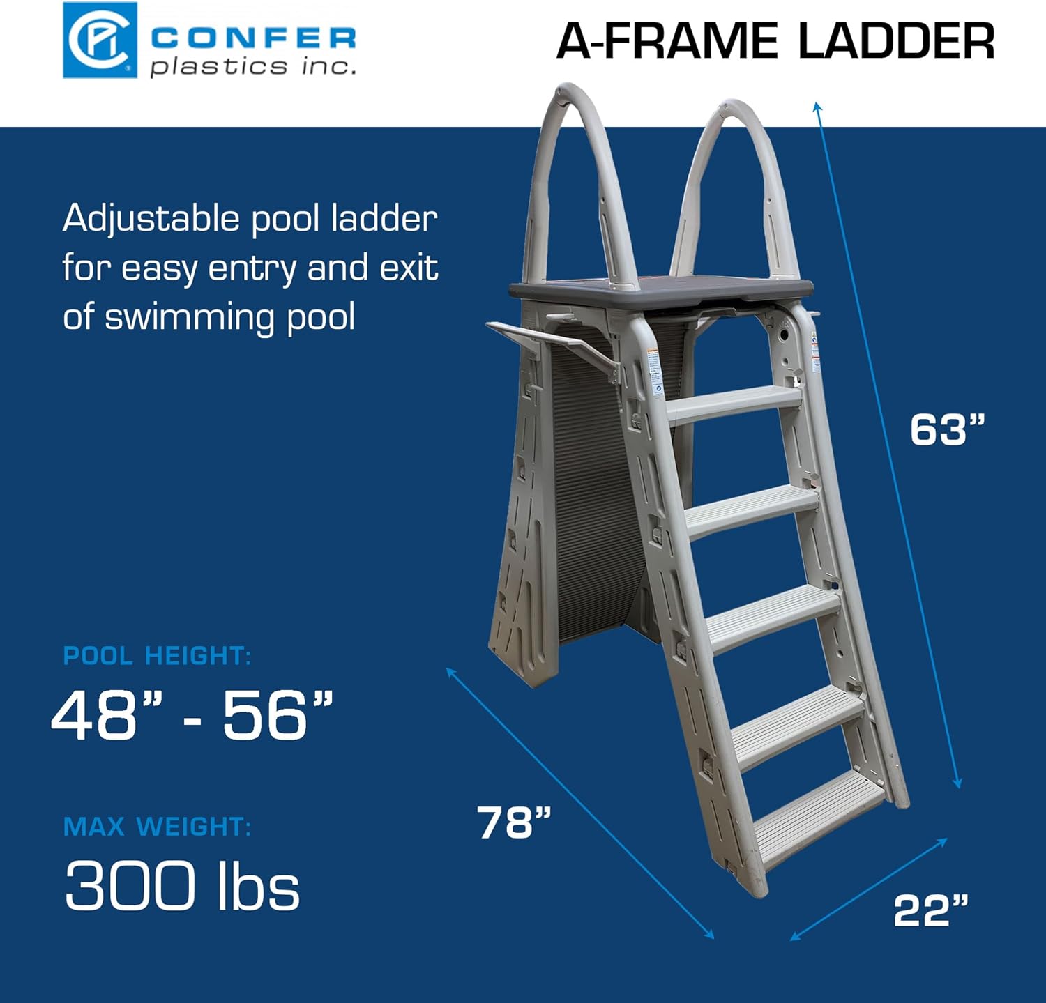 Confer Plastics 7200 Roll Guard 48 to 56 Adjustable A Frame Safety Above Ground Outdoor Patio Swimming Pool Platform Ladder with Step Barrier, Gray Deck & Tambour9