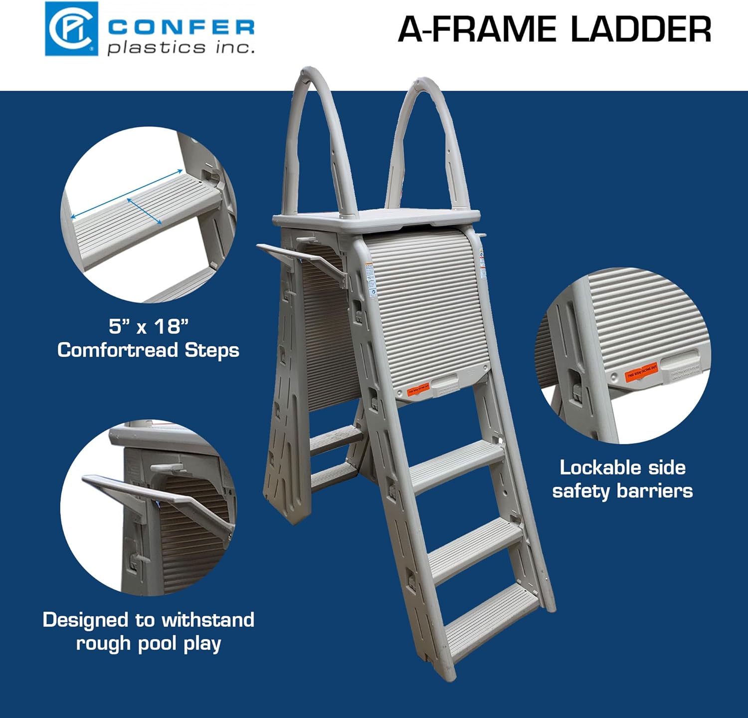 Confer Plastics 7200 Roll Guard 48 to 56 Adjustable A Frame Safety Ladder for Above Ground Outdoor Patio Swimming Pool Platform Ladder with Step Barrier, Warm Grey0