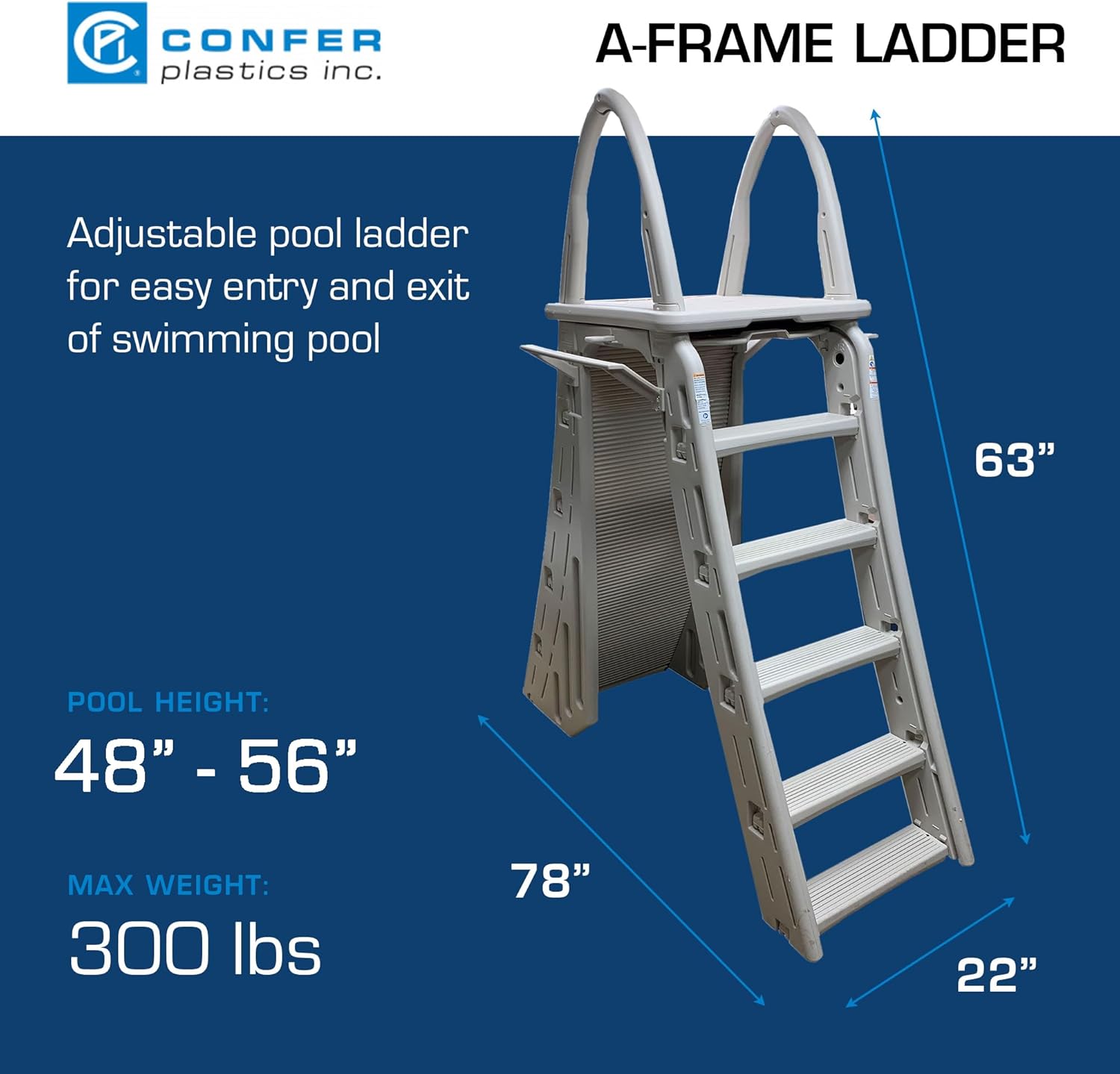 Confer Plastics 7200 Roll Guard 48 to 56 Adjustable A Frame Safety Ladder for Above Ground Outdoor Patio Swimming Pool Platform Ladder with Step Barrier, Warm Grey11