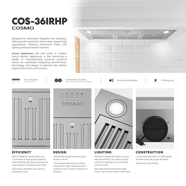 Cosmo COS-36IRHP 36 inch Ducted 380-CFM Stainless Steel Insert Under Cabinet Range Hood2_11zon