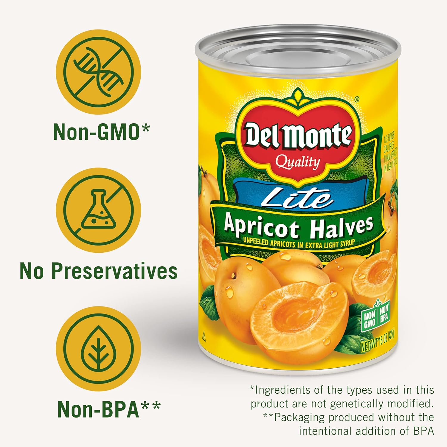 DEL MONTE Lite Apricot Halves in Extra Light Syrup, Canned Fruit, 15 oz can(12 Pack)1