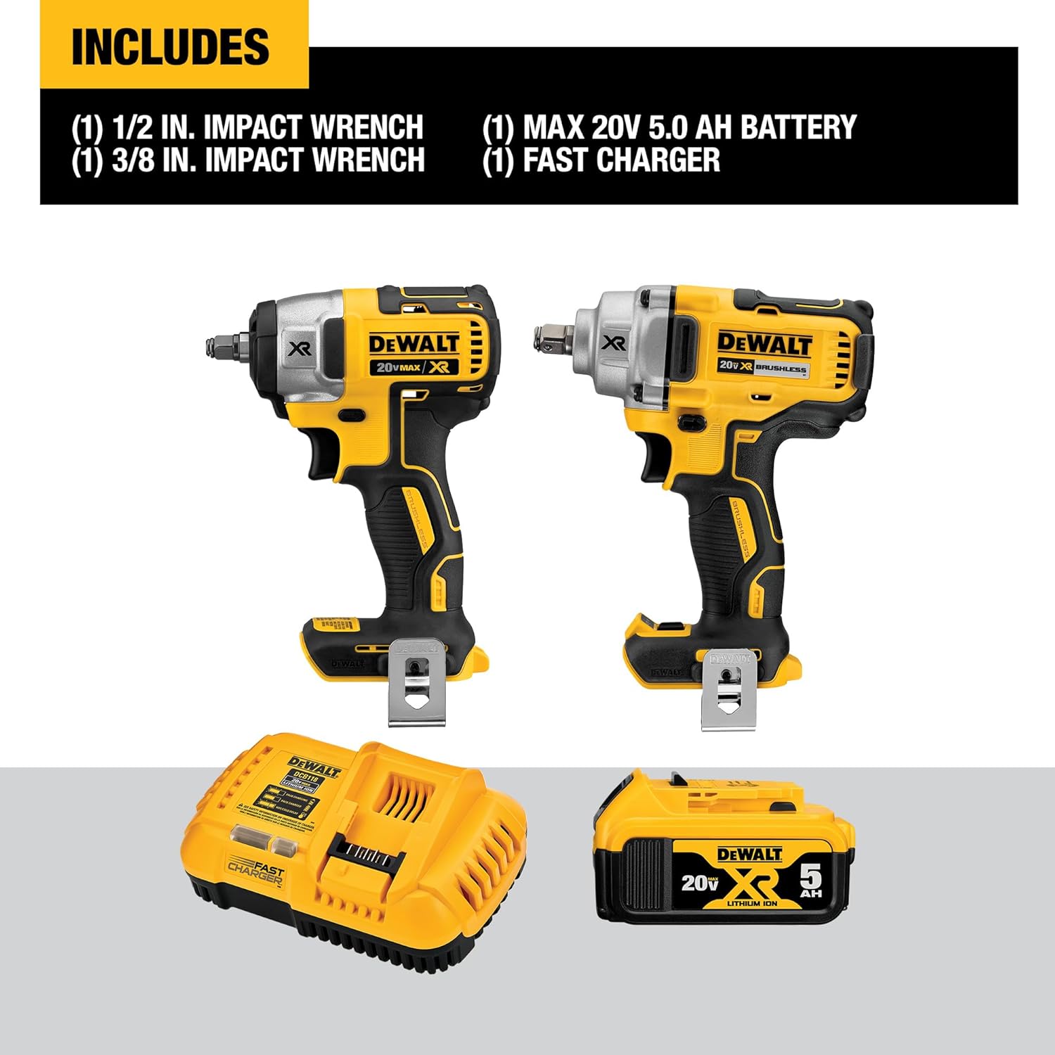DEWALT 20V MAX Impact Wrench, Cordless 2-Tool Combo Kit, 1 2-Inch Mid-Range and 3 8-inch Compact with 5ah Battery and Charger (DCK205P1)1