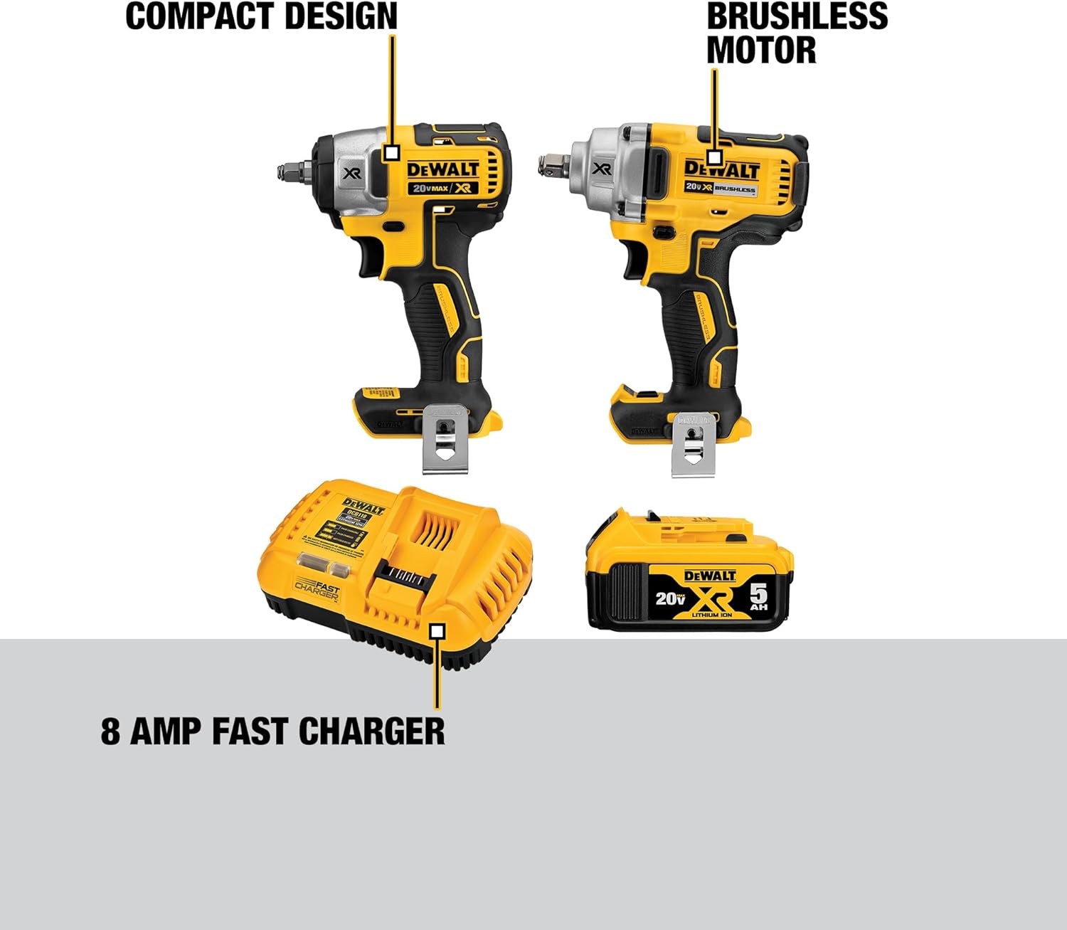 DEWALT 20V MAX Impact Wrench, Cordless 2-Tool Combo Kit, 1 2-Inch Mid-Range and 3 8-inch Compact with 5ah Battery and Charger (DCK205P1)5