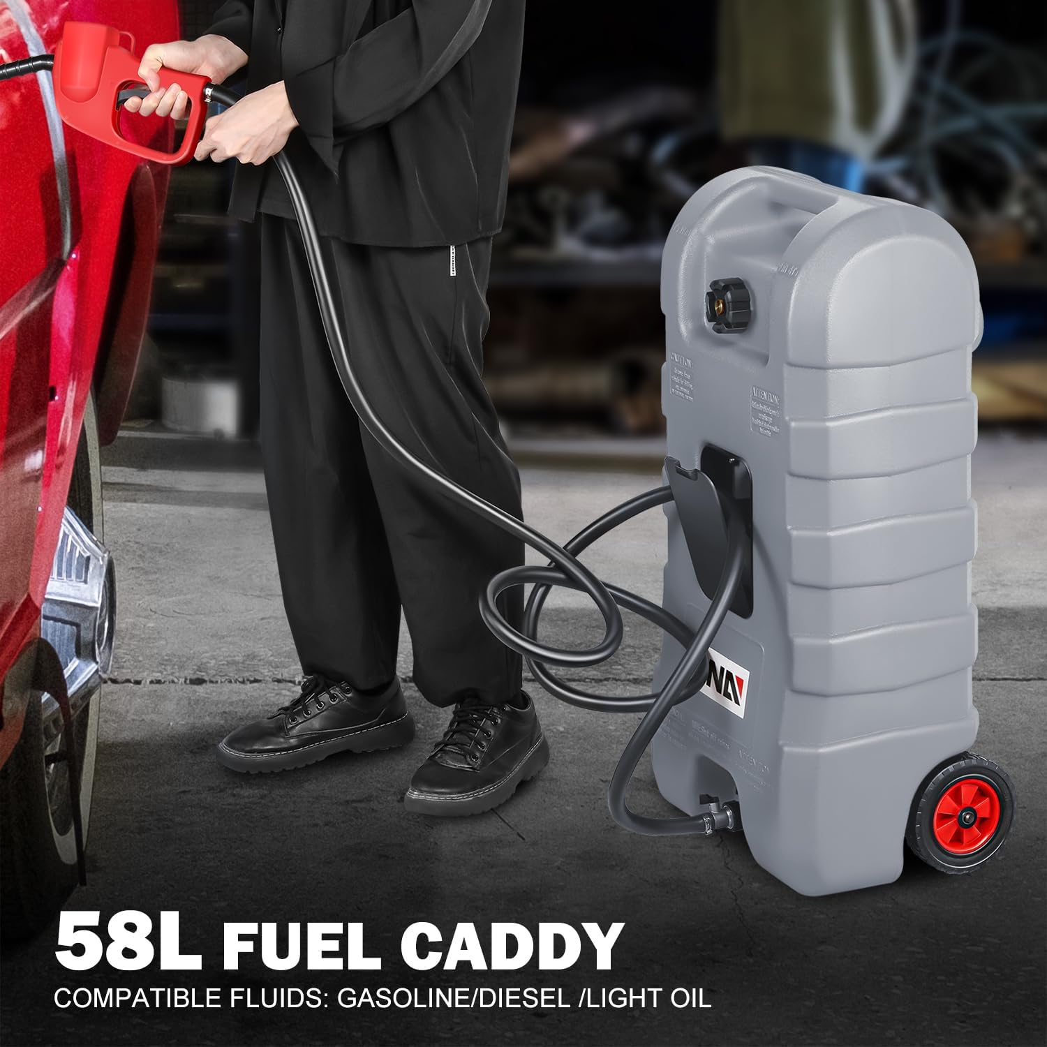 DNA MOTORING 58L Portable Fuel Caddy Tank Container for Gasoline Diesel Light Oil,13 Gallon, 2 Gal Min,Grey,TOOLS-003024