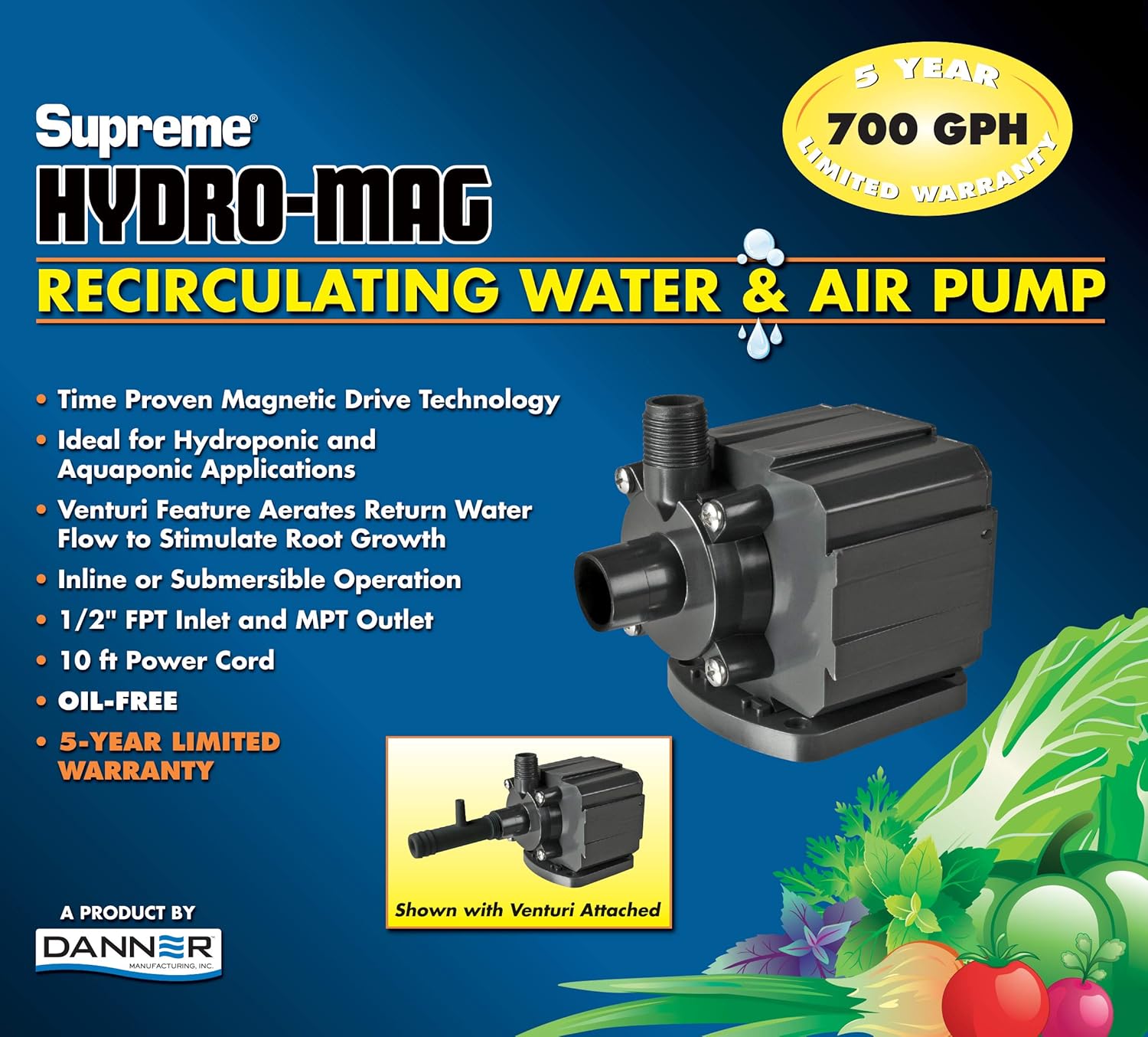 Danner Manufacturing, Inc., Supreme 700 GPH Hydro-Mag Recirculating Water & Air Pump with Venturi, 401277