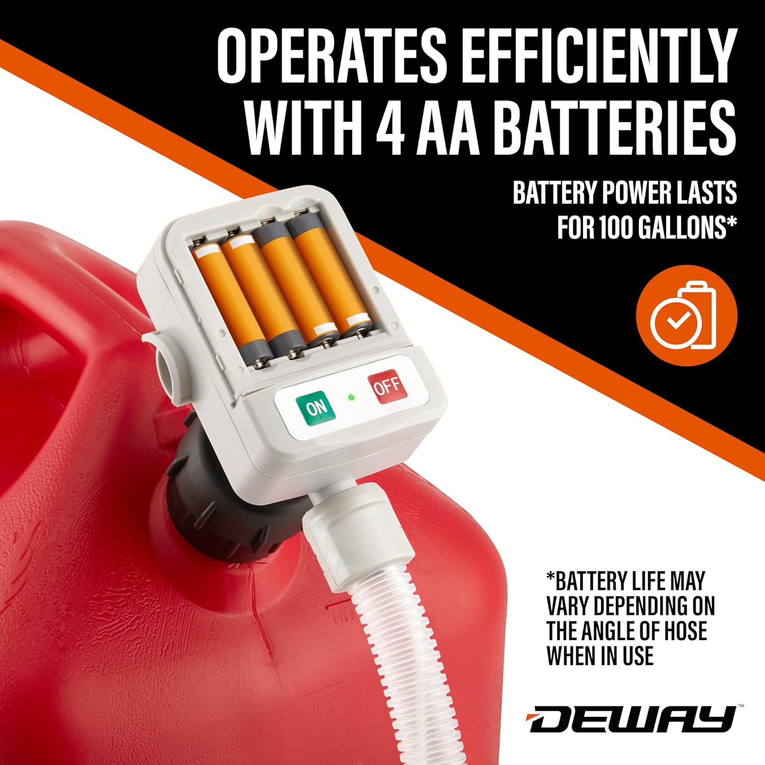 DeWay Fuel Transfer Pump for Gas Can with Basic Clip-On Nozzle Fast 2.4GPM Flow Rate, Long 51” Tube, Easy 4 AA Battery Power & 3 Fuel Can Adapters for Gasoline, Kerosene, Diesel & Non-Potable Water1