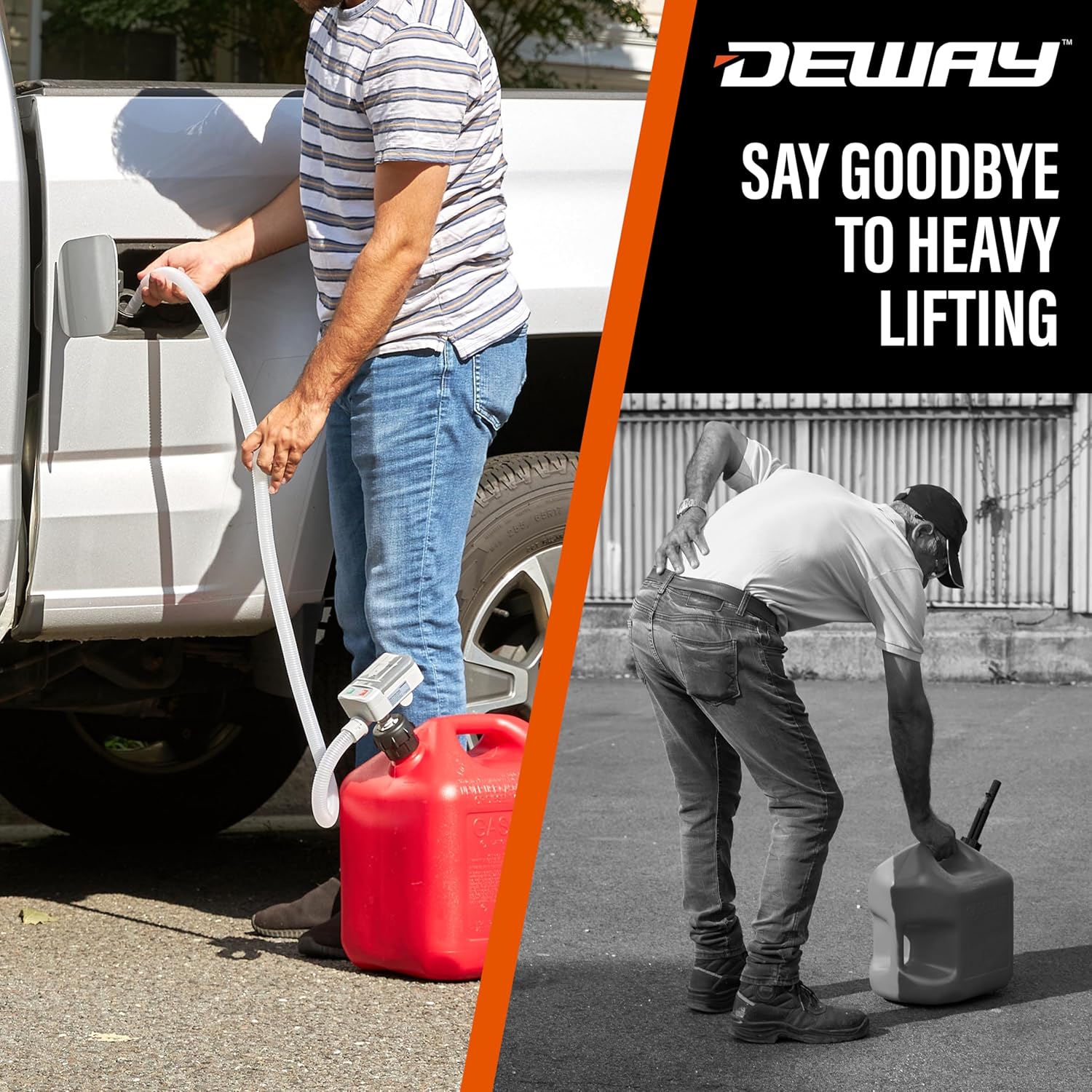 DeWay Fuel Transfer Pump for Gas Can with Basic Clip-On Nozzle Fast 2.4GPM Flow Rate, Long 51” Tube, Easy 4 AA Battery Power & 3 Fuel Can Adapters for Gasoline, Kerosene, Diesel & Non-Potable Water13