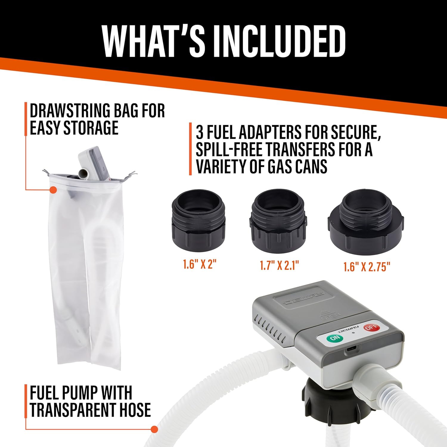 DeWay Fuel Transfer Pump for Gas Can with Basic Clip-On Nozzle Fast 2.4GPM Flow Rate, Long 51” Tube, Easy 4 AA Battery Power & 3 Fuel Can Adapters for Gasoline, Kerosene, Diesel & Non-Potable Water2