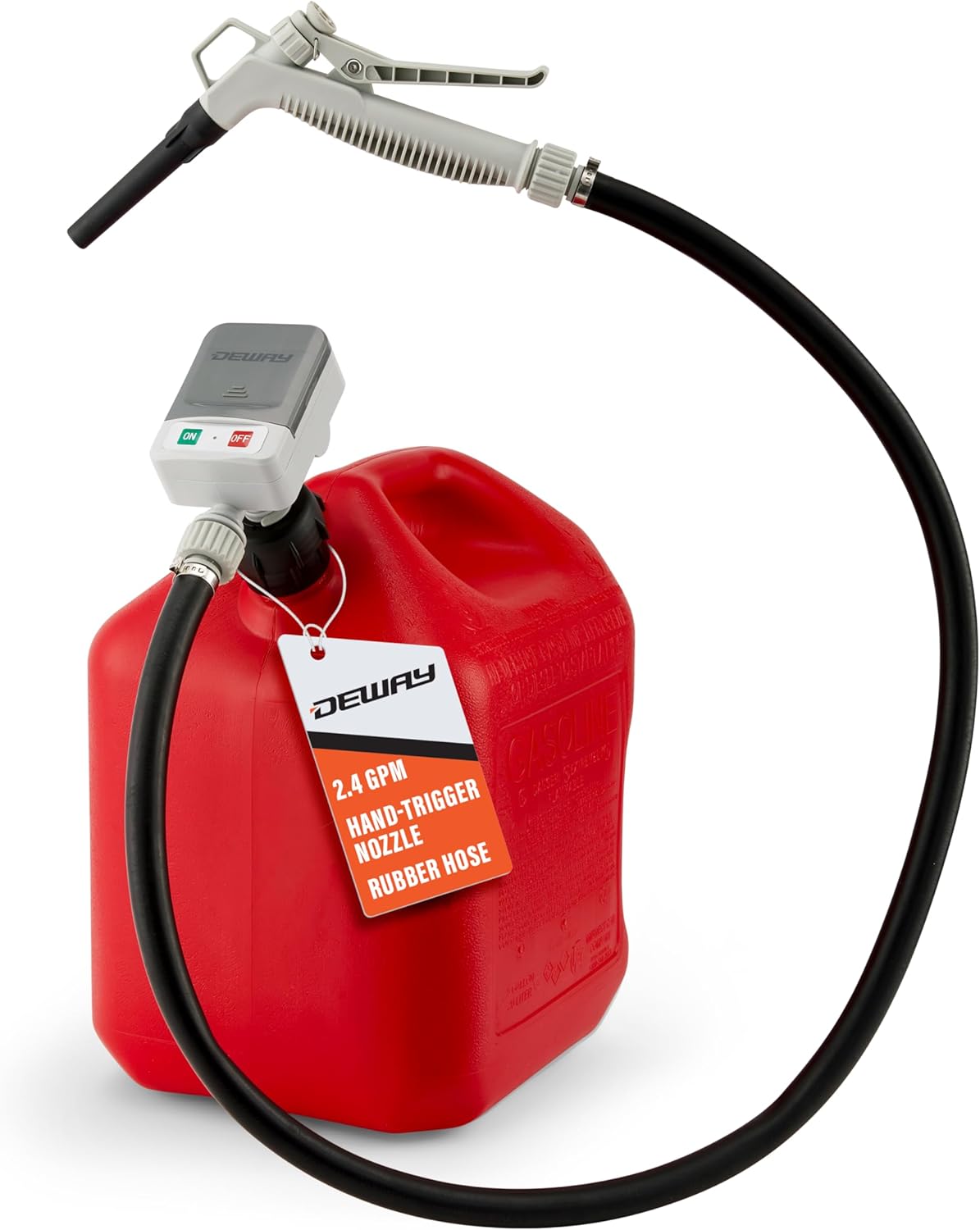 DeWay Fuel Transfer Pump for Gas Can with Manual Hand Trigger Nozzle Fast 2.4GPM Flow Rate, 51” Heavy Rubber Hose, 4 AA Battery Power & 3 Adapters for Gasoline, Kerosene, Diesel & Non-Potable Water DeWay Fuel Transfer Pump for Gas Can with Manual Hand Trigger Nozzle | Fast 2.4GPM Flow Rate, 51” Heavy Rubber Hose, 4 AA Battery Power & 3 Adapters for Gasoline, Kerosene, Diesel & Non-Potable Water