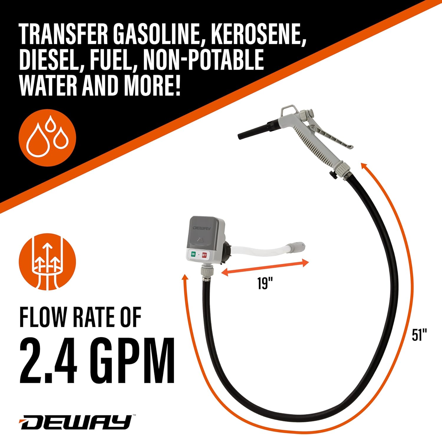 DeWay Fuel Transfer Pump for Gas Can with Manual Hand Trigger Nozzle Fast 2.4GPM Flow Rate, 51” Heavy Rubber Hose, 4 AA Battery Power & 3 Adapters for Gasoline, Kerosene, Diesel & Non-Potable Water1