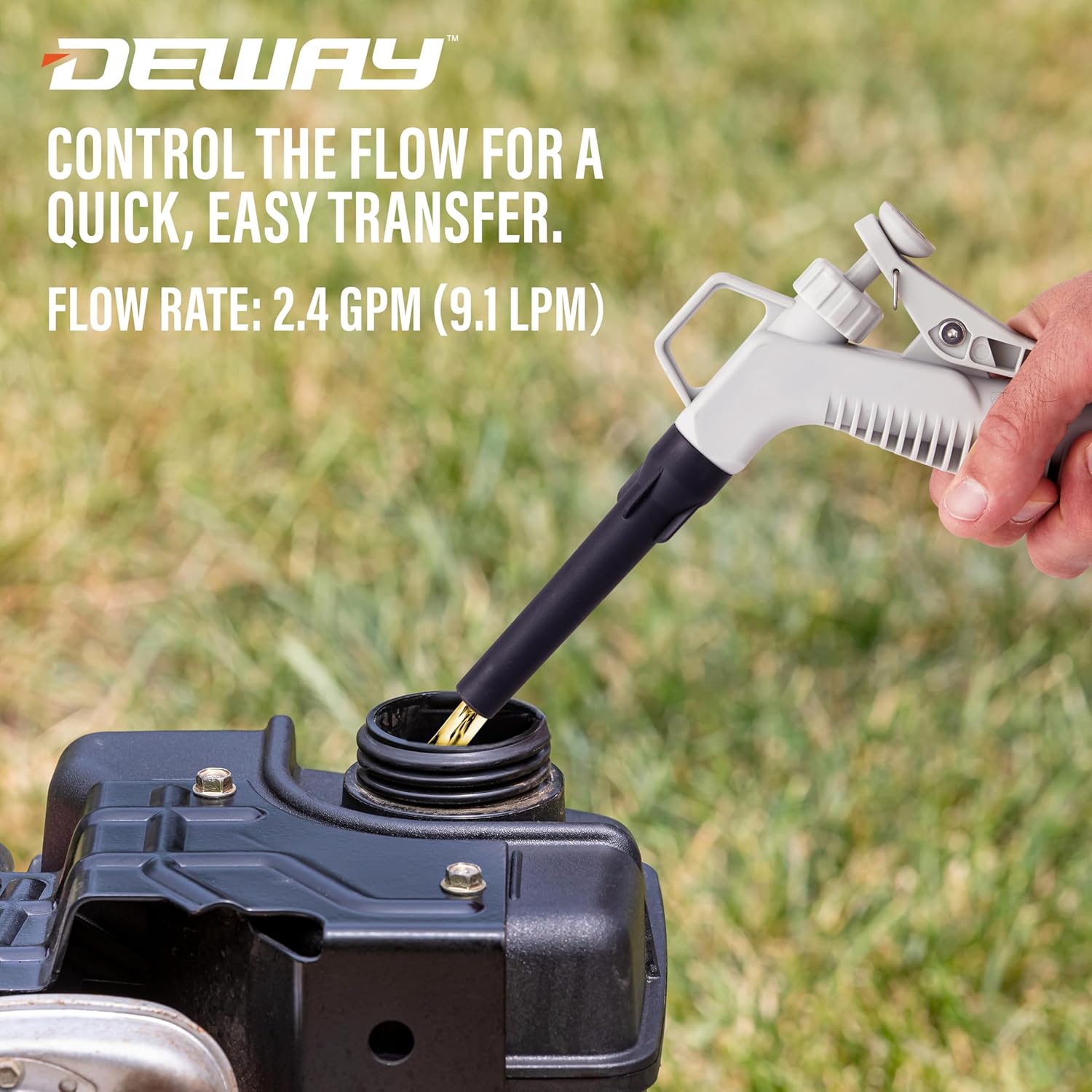 DeWay Fuel Transfer Pump for Gas Can with Manual Hand Trigger Nozzle Fast 2.4GPM Flow Rate, 51” Heavy Rubber Hose, 4 AA Battery Power & 3 Adapters for Gasoline, Kerosene, Diesel & Non-Potable Water12