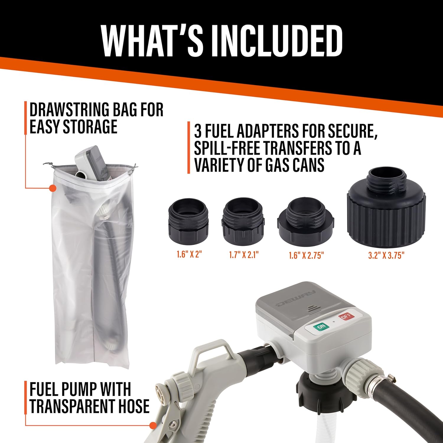 DeWay Fuel Transfer Pump for Gas Can with Manual Hand Trigger Nozzle Fast 2.4GPM Flow Rate, 51” Heavy Rubber Hose, 4 AA Battery Power & 3 Adapters for Gasoline, Kerosene, Diesel & Non-Potable Water2