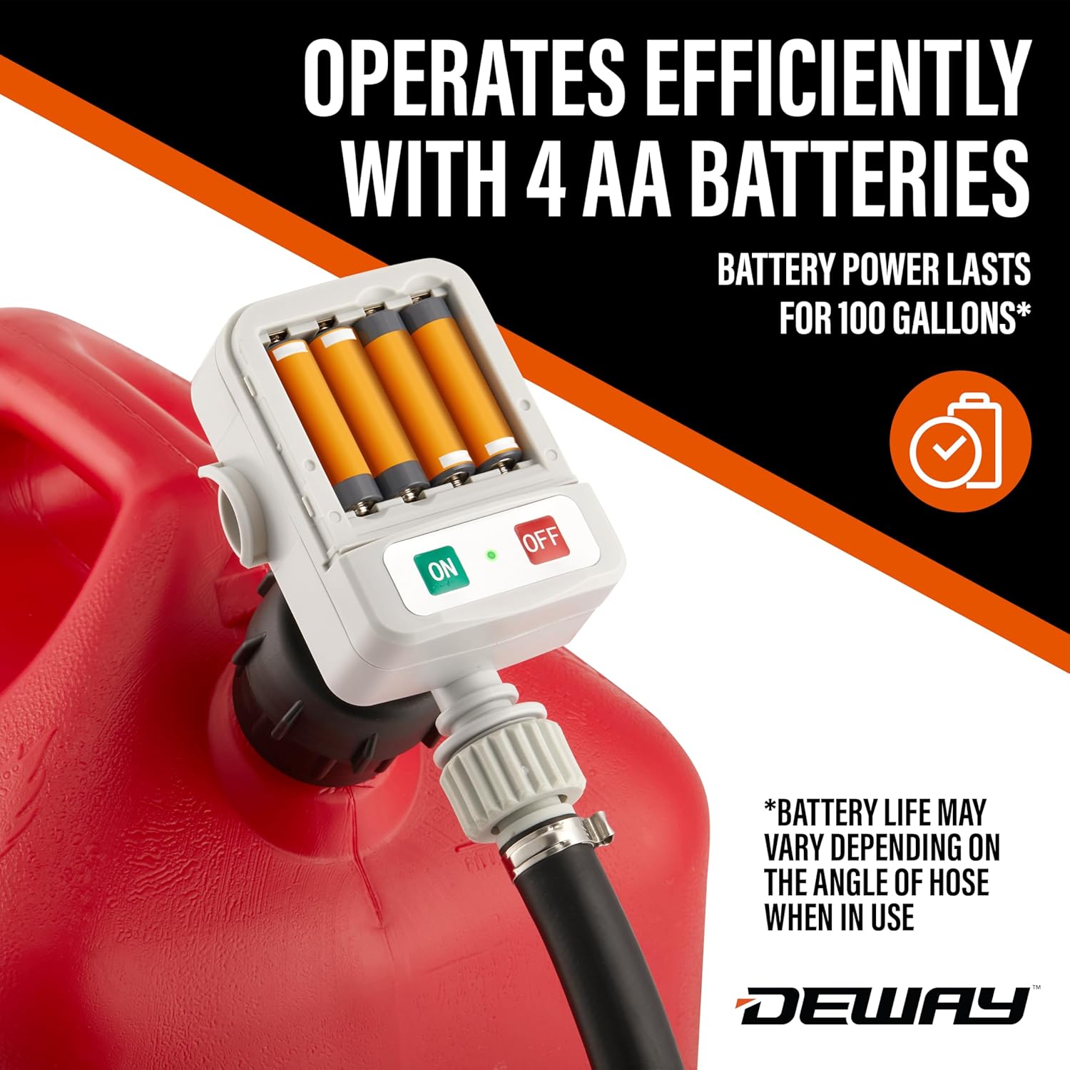 DeWay Fuel Transfer Pump for Gas Can with Manual Hand Trigger Nozzle Fast 2.4GPM Flow Rate, 51” Heavy Rubber Hose, 4 AA Battery Power & 3 Adapters for Gasoline, Kerosene, Diesel & Non-Potable Water3