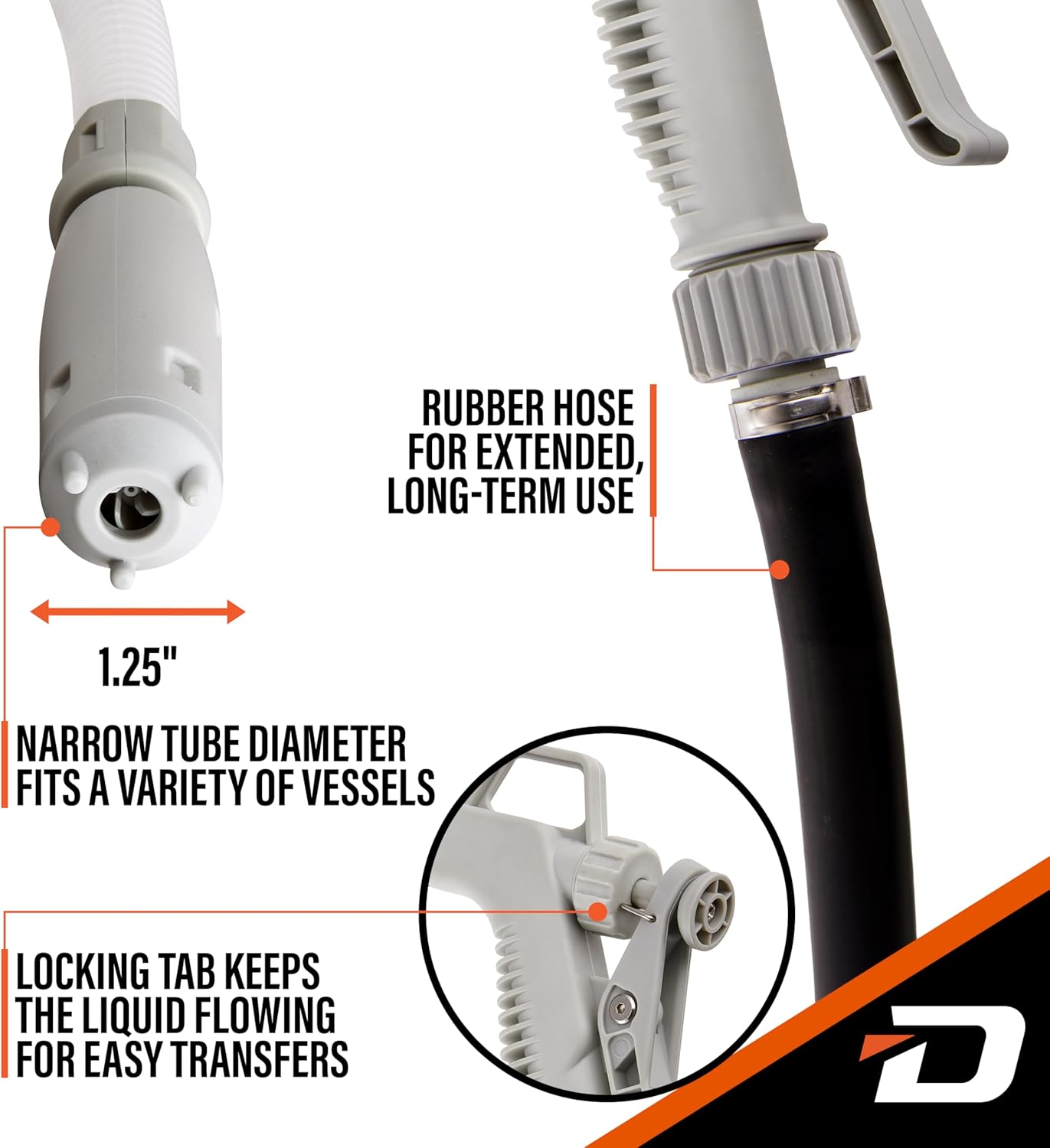 DeWay Fuel Transfer Pump for Gas Can with Manual Hand Trigger Nozzle Fast 2.4GPM Flow Rate, 51” Heavy Rubber Hose, 4 AA Battery Power & 3 Adapters for Gasoline, Kerosene, Diesel & Non-Potable Water6