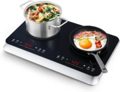 Double Induction Cooktop, 2 burner induction cooktop with Boost Function, 1800W, 240 Mins Timer, Portable Countertop Burner with 10 Temperature Settings & 9 Power Levels, Child Safety Lock