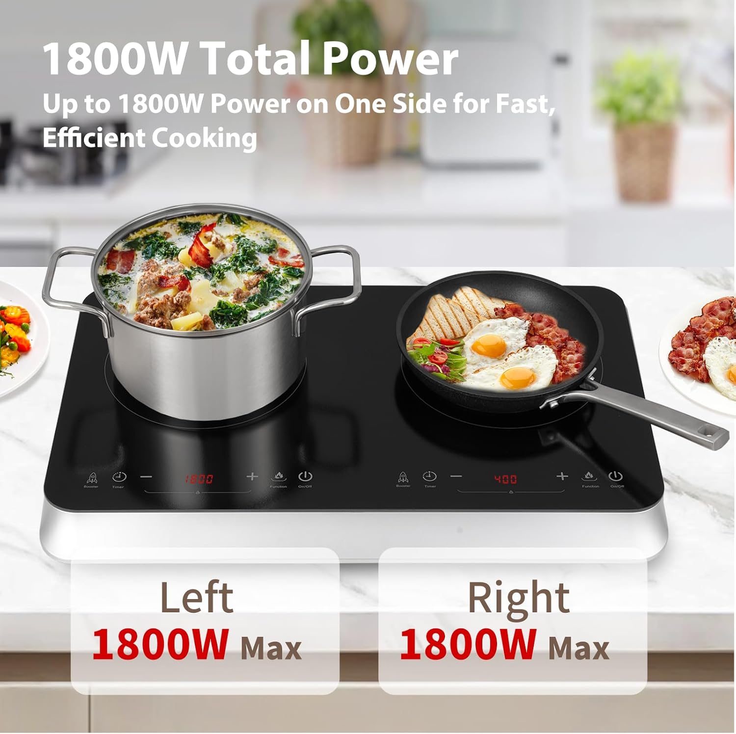 Double Induction Cooktop, 2 burner induction cooktop with Boost Function, 1800W, 240 Mins Timer, Portable Countertop Burner with 10 Temperature Settings & 9 Power Levels, Child Safety Lock1
