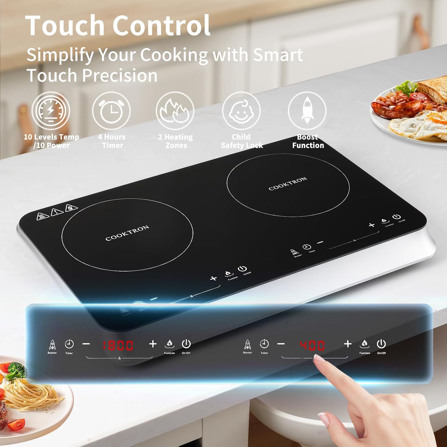 Double Induction Cooktop, 2 burner induction cooktop with Boost Function, 1800W, 240 Mins Timer, Portable Countertop Burner with 10 Temperature Settings & 9 Power Levels, Child Safety Lock2