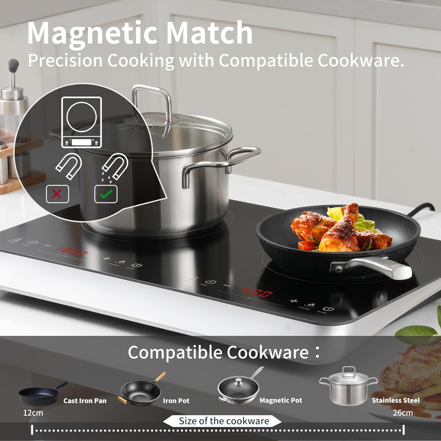 Double Induction Cooktop, 2 burner induction cooktop with Boost Function, 1800W, 240 Mins Timer, Portable Countertop Burner with 10 Temperature Settings & 9 Power Levels, Child Safety Lock7