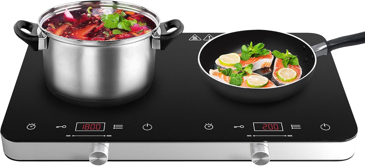 Double Induction Cooktop Burner, 1800w 2 burner Induction Cooker Cooktop, 10 Temperature 9 Power Settings Portable Electric Countertop Burner Touch Stove with Child Safety Lock & Timer Double Induction Cooktop Burner, 1800w 2 burner Induction Cooker Cooktop, 10 Temperature 9 Power Settings Portable Electric Countertop Burner Touch Stove with Child Safety Lock & Timer