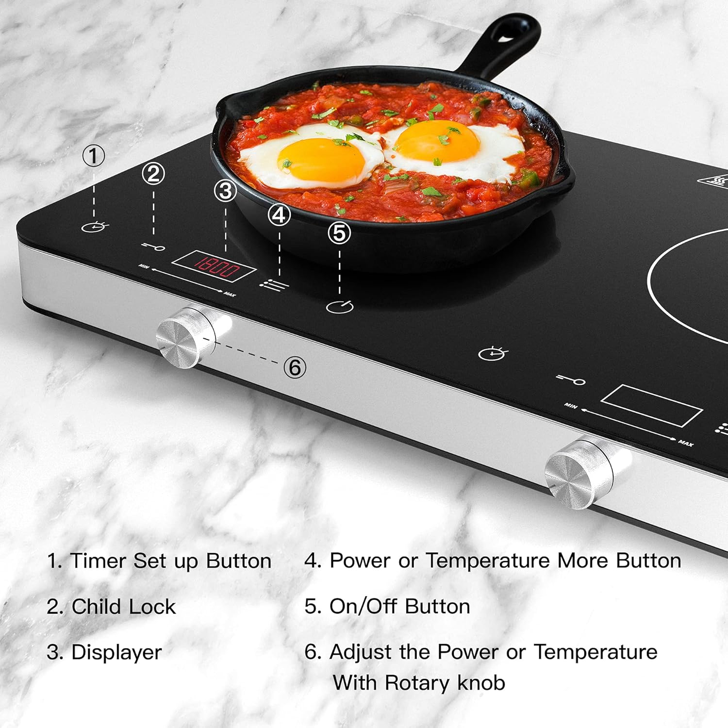 Double Induction Cooktop Burner, 1800w 2 burner Induction Cooker Cooktop, 10 Temperature 9 Power Settings Portable Electric Countertop Burner Touch Stove with Child Safety Lock & Timer1
