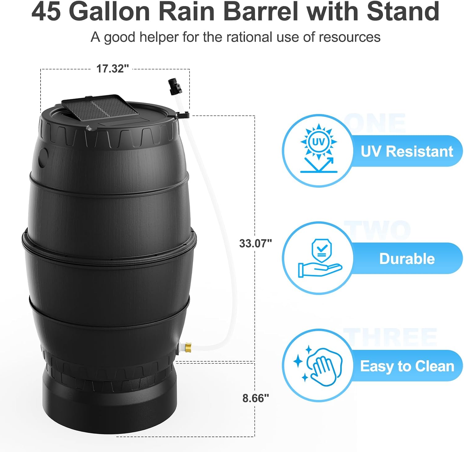 EJWOX Rain Barrel with Stand to Collect Rainwater from Gutter, Heavy Duty BPA Free Rain Water Collection Barrel with Spigot and Filter (45 Gallon, Black)4