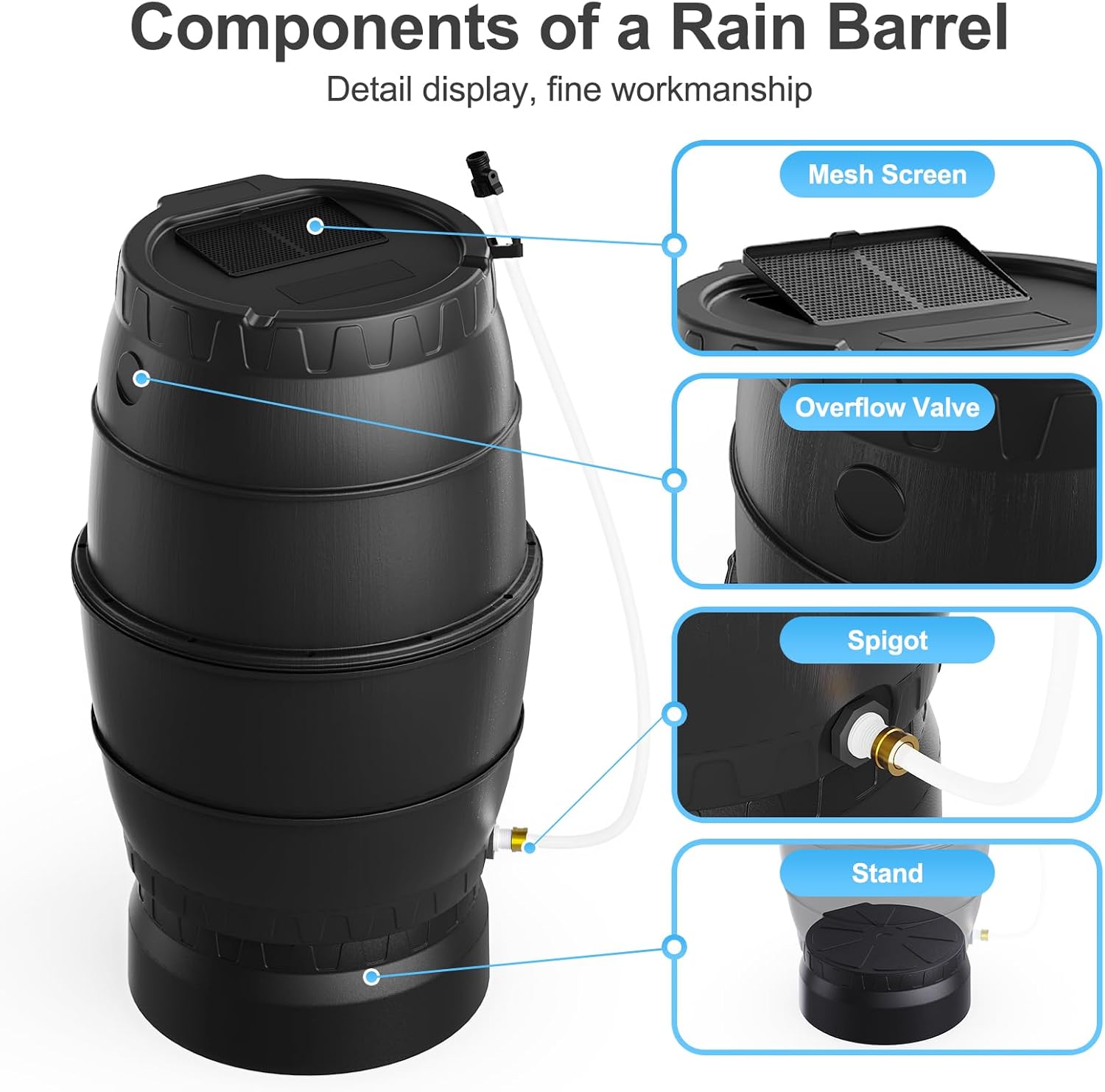 EJWOX Rain Barrel with Stand to Collect Rainwater from Gutter, Heavy Duty BPA Free Rain Water Collection Barrel with Spigot and Filter (45 Gallon, Black)6