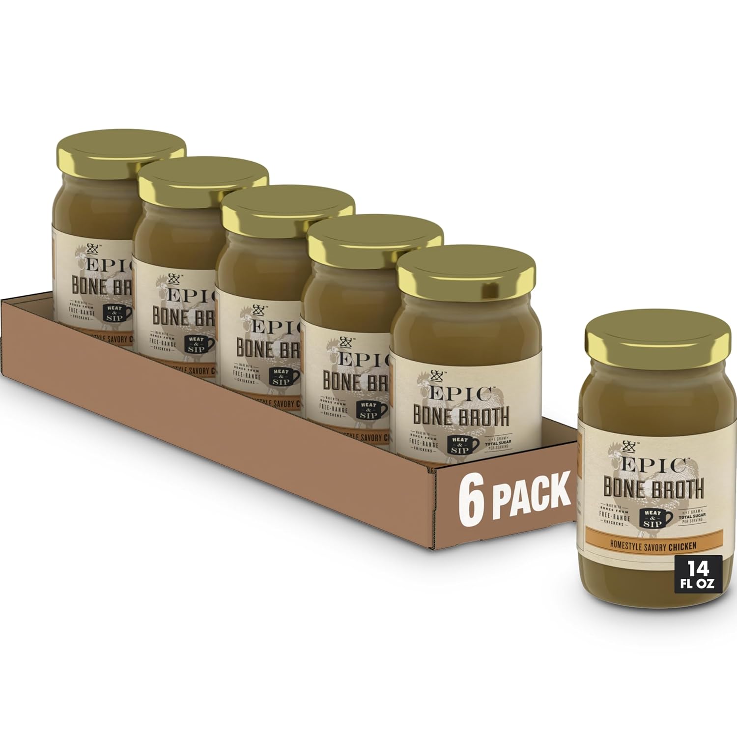 EPIC Bone Broth, Homestyle Savory Chicken, Keto and Paleo Friendly, Whole30 Approved, Gluten Free, 14 fl oz Jar (Pack of 6) EPIC Bone Broth, Homestyle Savory Chicken, Keto and Paleo Friendly, Whole30 Approved, Gluten Free, 14 fl oz Jar (Pack of 6)