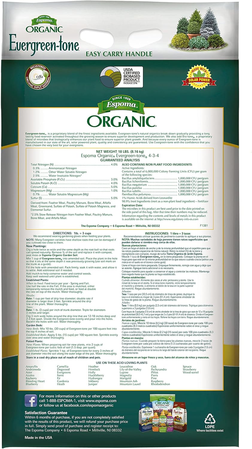 Espoma Organic Evergreen-Tone 4-3-4 Natural & Organic Fertilizer and Plant Food for Evergreen Trees & Shrubs. 18 lb. Bag. Use for Planting & Feeding to Promote Optimum Growth1
