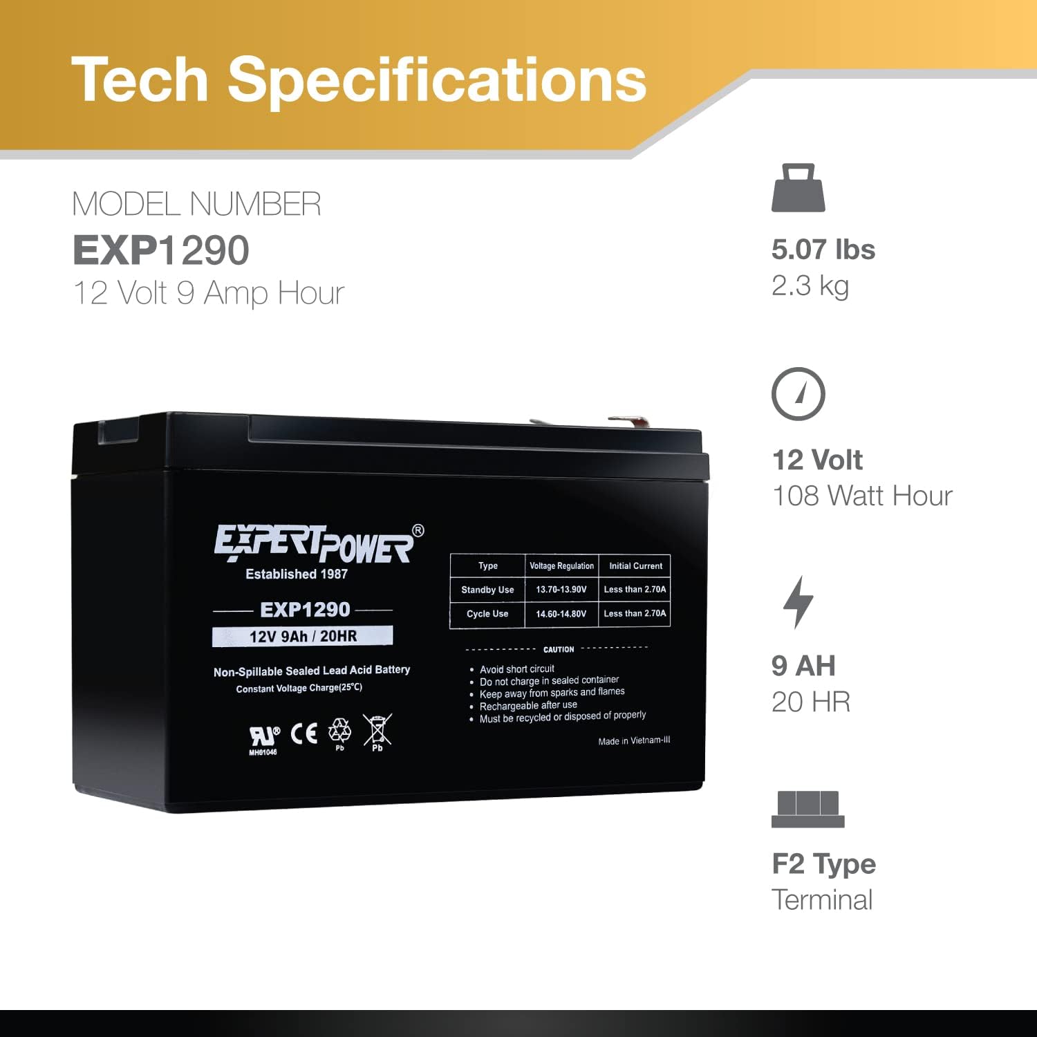 ExpertPower 12v 9ah Sealed Lead Acid Battery with F2 Terminals (.250) 2 Pack3