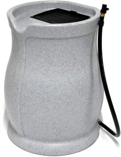 FCMP Outdoor Catalina 45-Gallon Rain Barrel – BPA-Free Flat-Back Design with 3.5 Foot Garden Hose, Shut-Off Thumb Valve, and Fixed Lid (RB-CAT-LTGRNT) Light Granite