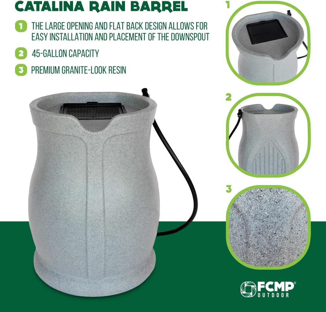 FCMP Outdoor Catalina 45-Gallon Rain Barrel – BPA-Free Flat-Back Design with 3.5 Foot Garden Hose, Shut-Off Thumb Valve, and Fixed Lid (RB-CAT-LTGRNT) Light Granite1