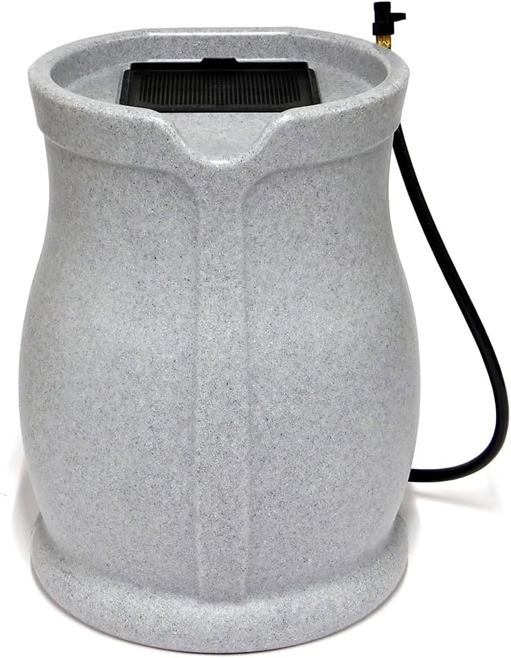 FCMP Outdoor Catalina 45-Gallon Rain Barrel – BPA-Free Flat-Back Design with 3.5 Foot Garden Hose, Shut-Off Thumb Valve, and Fixed Lid (RB-CAT-LTGRNT) Light Granite112