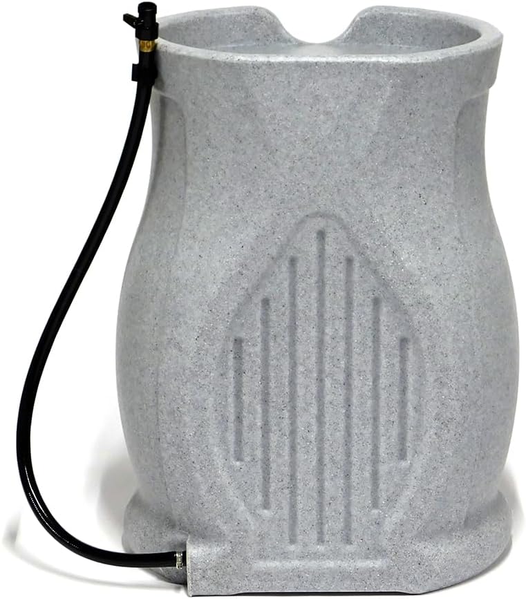 FCMP Outdoor Catalina 45-Gallon Rain Barrel – BPA-Free Flat-Back Design with 3.5 Foot Garden Hose, Shut-Off Thumb Valve, and Fixed Lid (RB-CAT-LTGRNT) Light Granite13