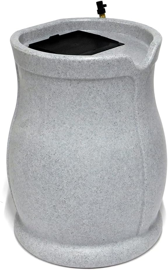 FCMP Outdoor Catalina 45-Gallon Rain Barrel – BPA-Free Flat-Back Design with 3.5 Foot Garden Hose, Shut-Off Thumb Valve, and Fixed Lid (RB-CAT-LTGRNT) Light Granite34