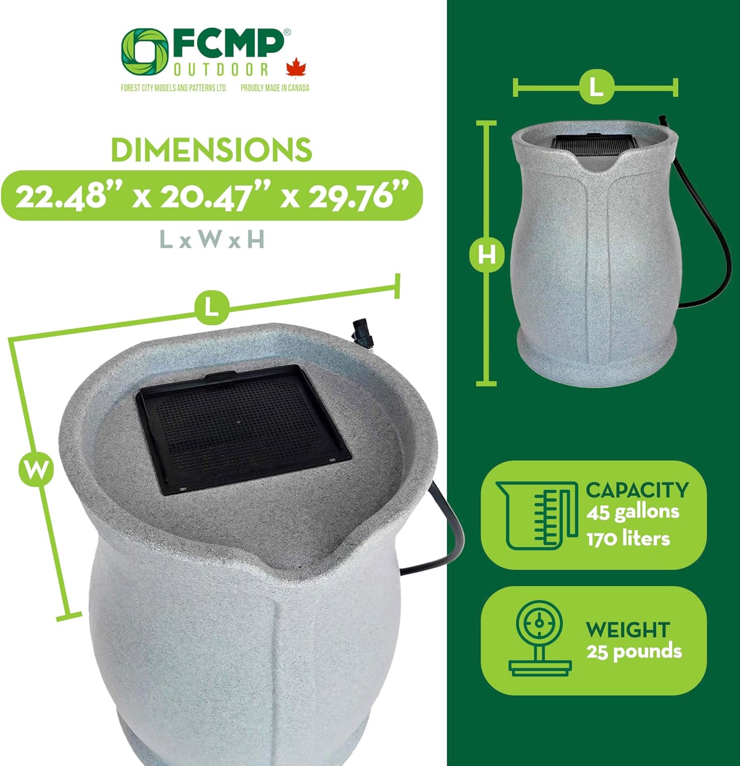 FCMP Outdoor Catalina 45-Gallon Rain Barrel – BPA-Free Flat-Back Design with 3.5 Foot Garden Hose, Shut-Off Thumb Valve, and Fixed Lid (RB-CAT-LTGRNT) Light Granite8