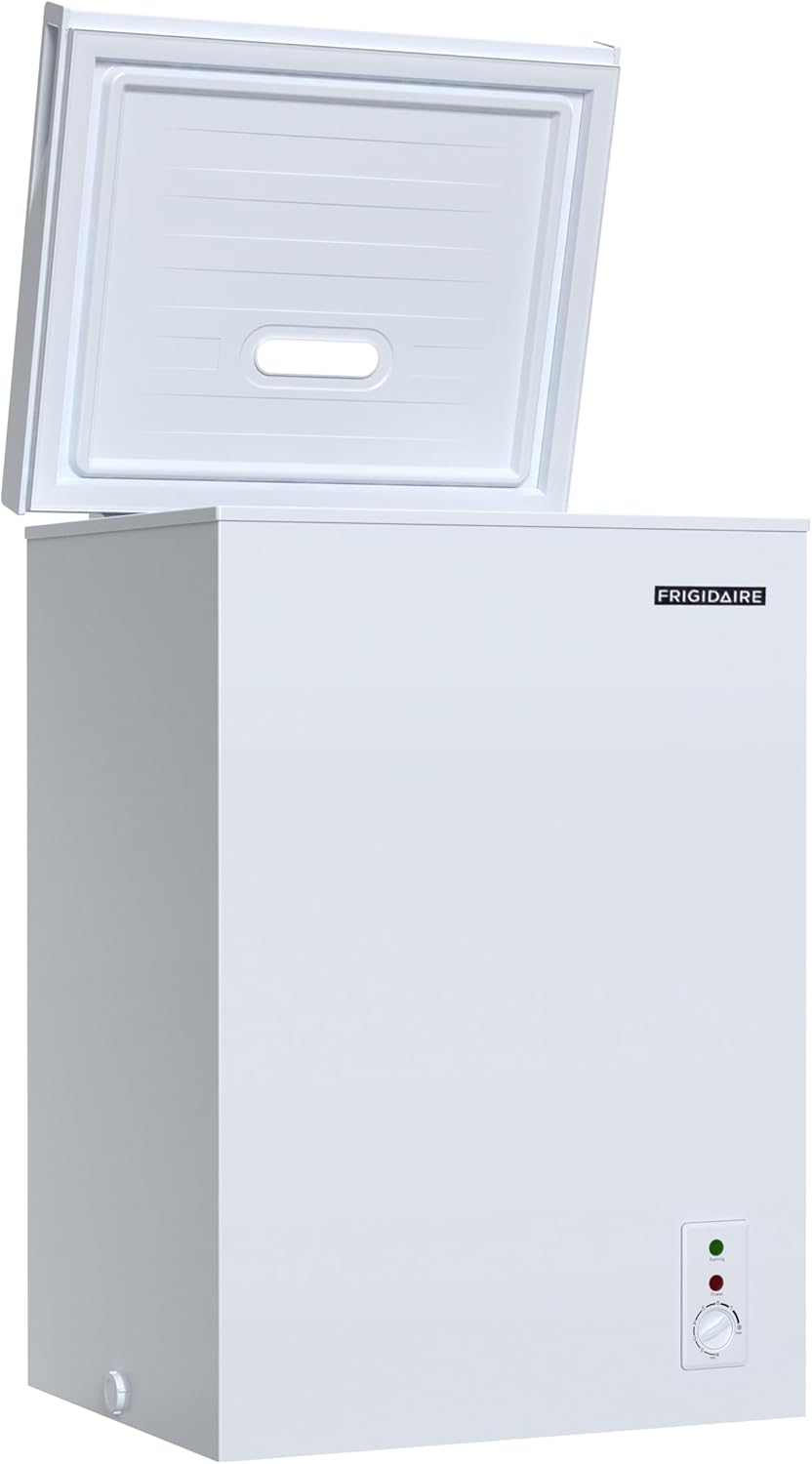 FRIGIDAIRE EFRF3005-AMZ Chest Deep Freezer-Garage-Ready, 3.5 Cu. Ft. Capacity, White-Adjustable Thermostat-Removable Vinyl Coated Wire Basket-Easy Defrost Drain3