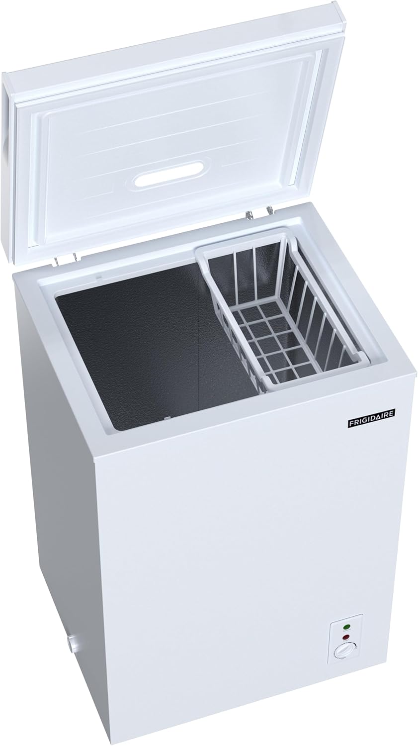 FRIGIDAIRE EFRF3005-AMZ Chest Deep Freezer-Garage-Ready, 3.5 Cu. Ft. Capacity, White-Adjustable Thermostat-Removable Vinyl Coated Wire Basket-Easy Defrost Drain5