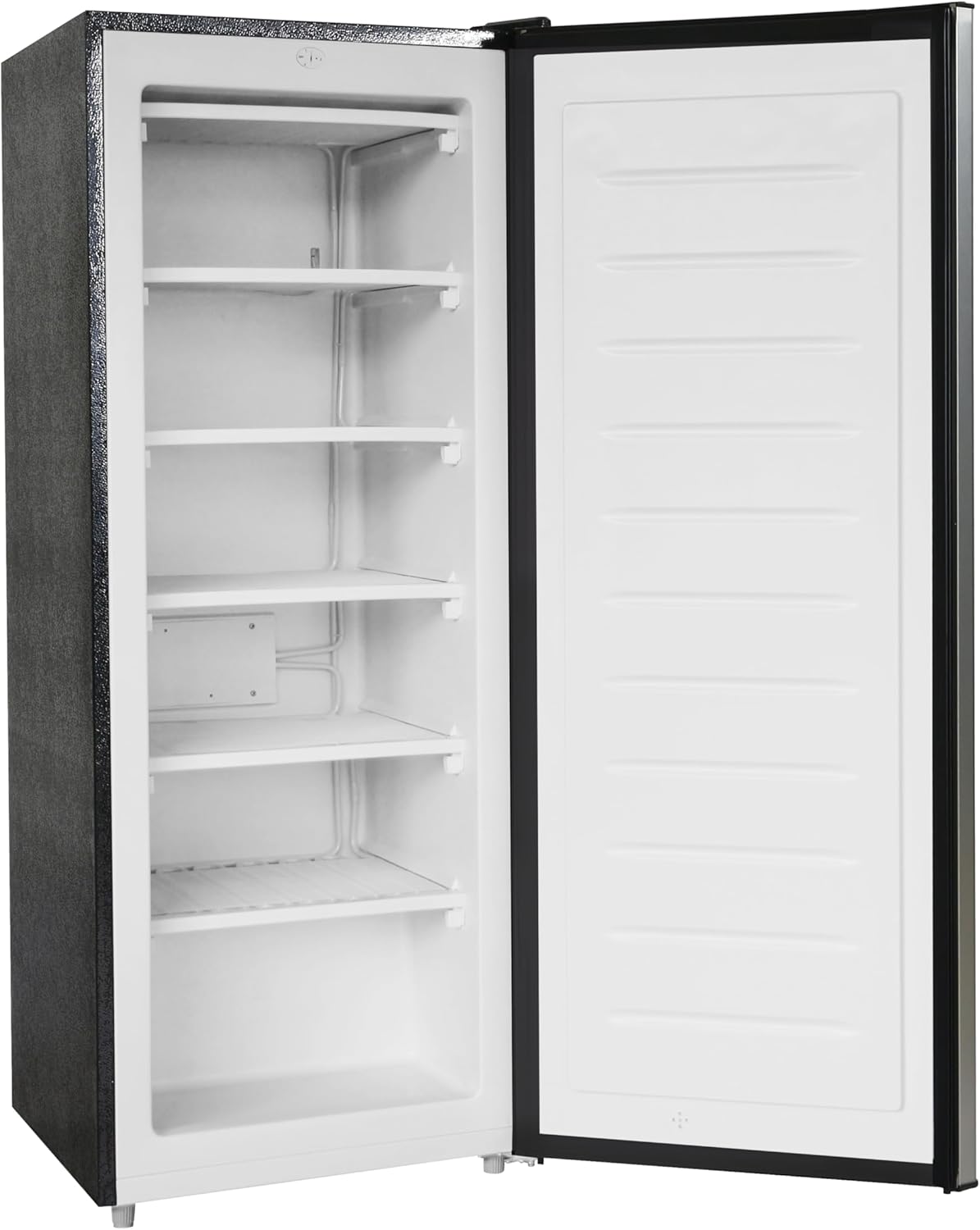 Frigidaire Upright Freezer, 6.5 cu. ft., Deep Freeze, Vinyl Coated Metal with Wire Shelving, Compact for Kitchen, RV, Dorm, Cabin, and Trailer, Platinum Design Series, Silver - 21D x 23W x 56H5