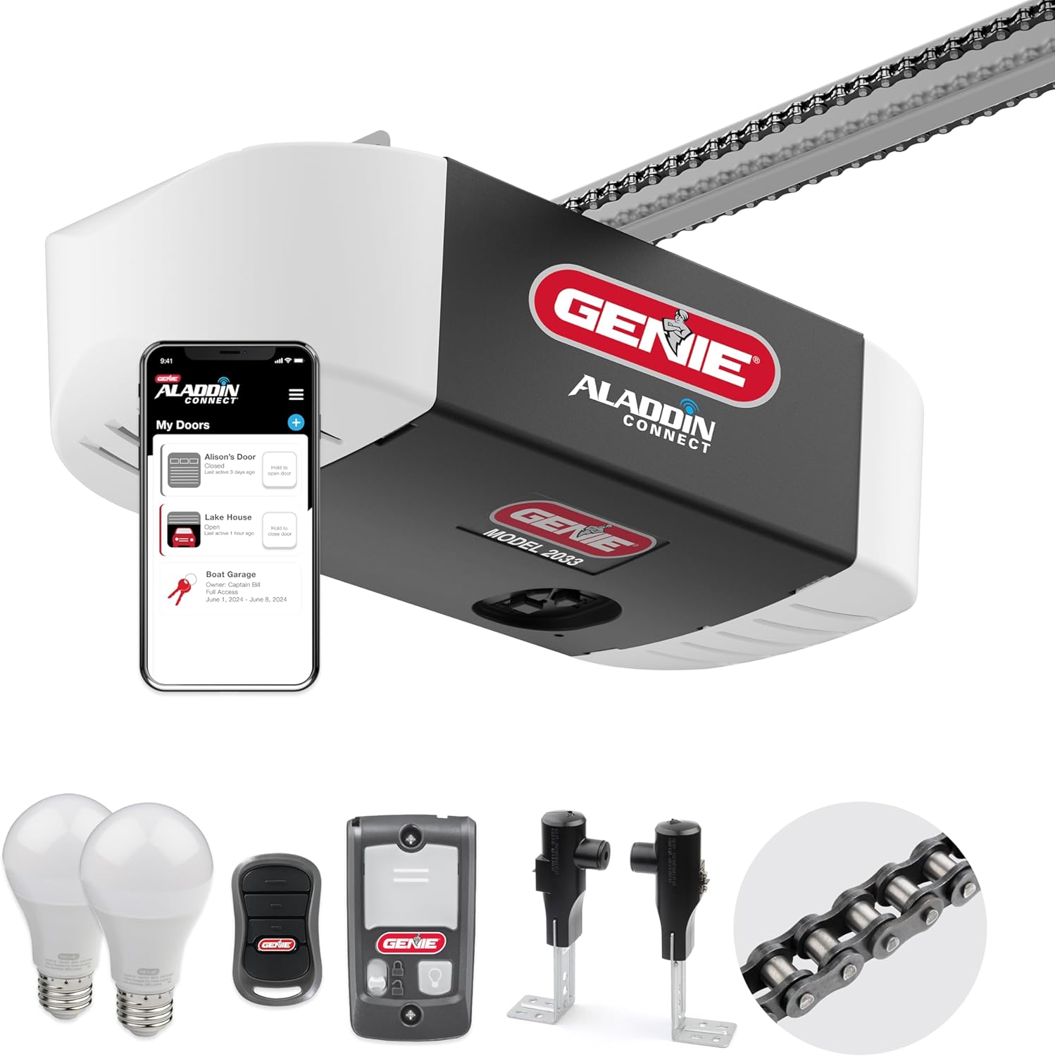 Genie Chain Glide Connect Essentials Smart Garage Door Opener - Reliable Chain Drive Opener With LED Lighting- Compatible with Alexa, SmartThings, Brilliant Smart Home Genie Chain Glide Connect Essentials Smart Garage Door Opener - Reliable Chain Drive Opener With LED Lighting- Compatible with Alexa, SmartThings, Brilliant Smart Home