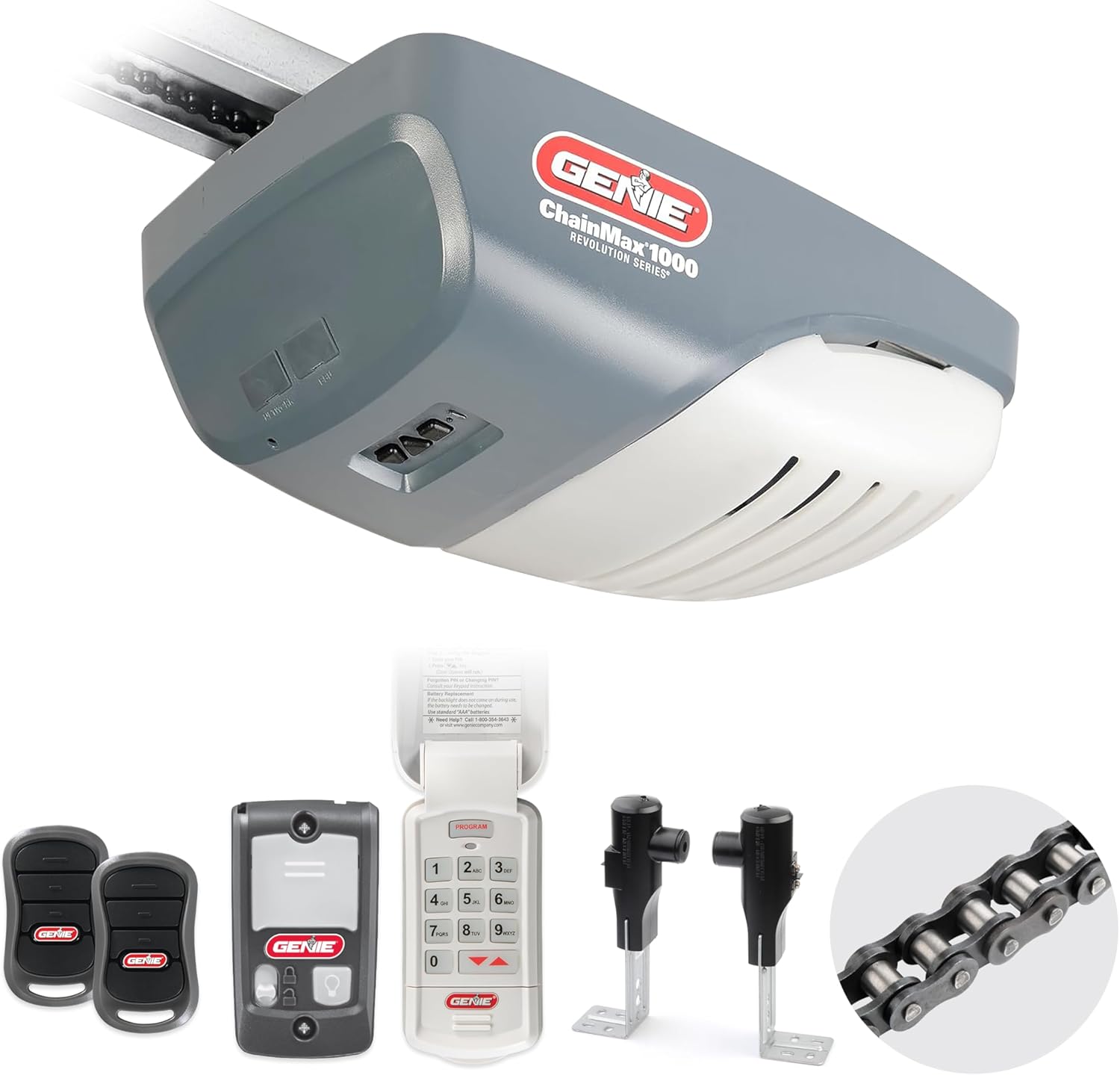 Genie ChainMax 1000 Garage Door Opener - Durable Chain Drive - Includes two 3-Button Pre-Programmed Remotes,Wall Console, Wireless Keypad, Safe-T-Beams - Model 3022-TKH, 140V DC Motor,Gray Genie ChainMax 1000 Garage Door Opener - Durable Chain Drive - Includes two 3-Button Pre-Programmed Remotes,Wall Console, Wireless Keypad, Safe-T-Beams - Model 3022-TKH, 140V DC Motor,Gray