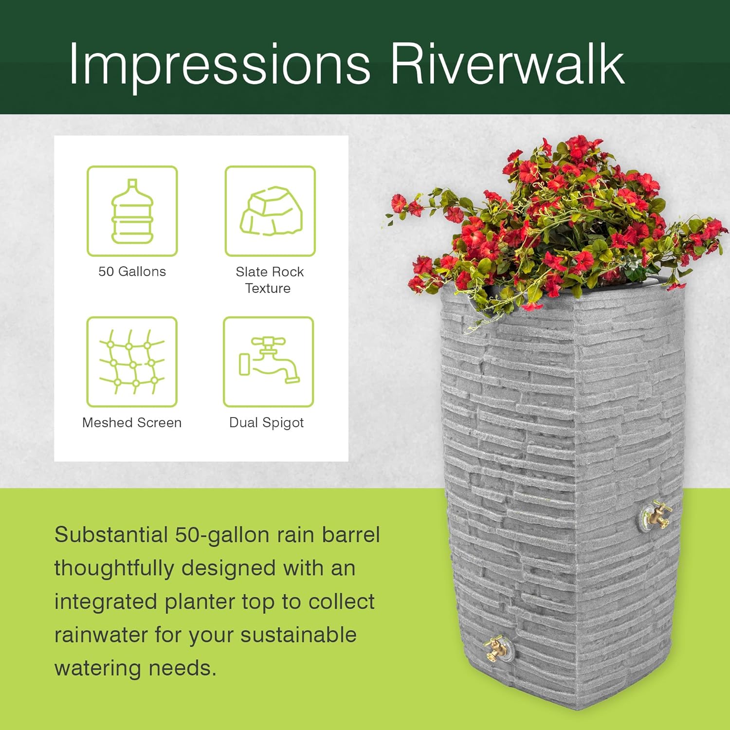 Good Ideas Impressions Riverwalk Rain Barrel with 2 Metal Spigots, 50 Gallon, Dark Granite1