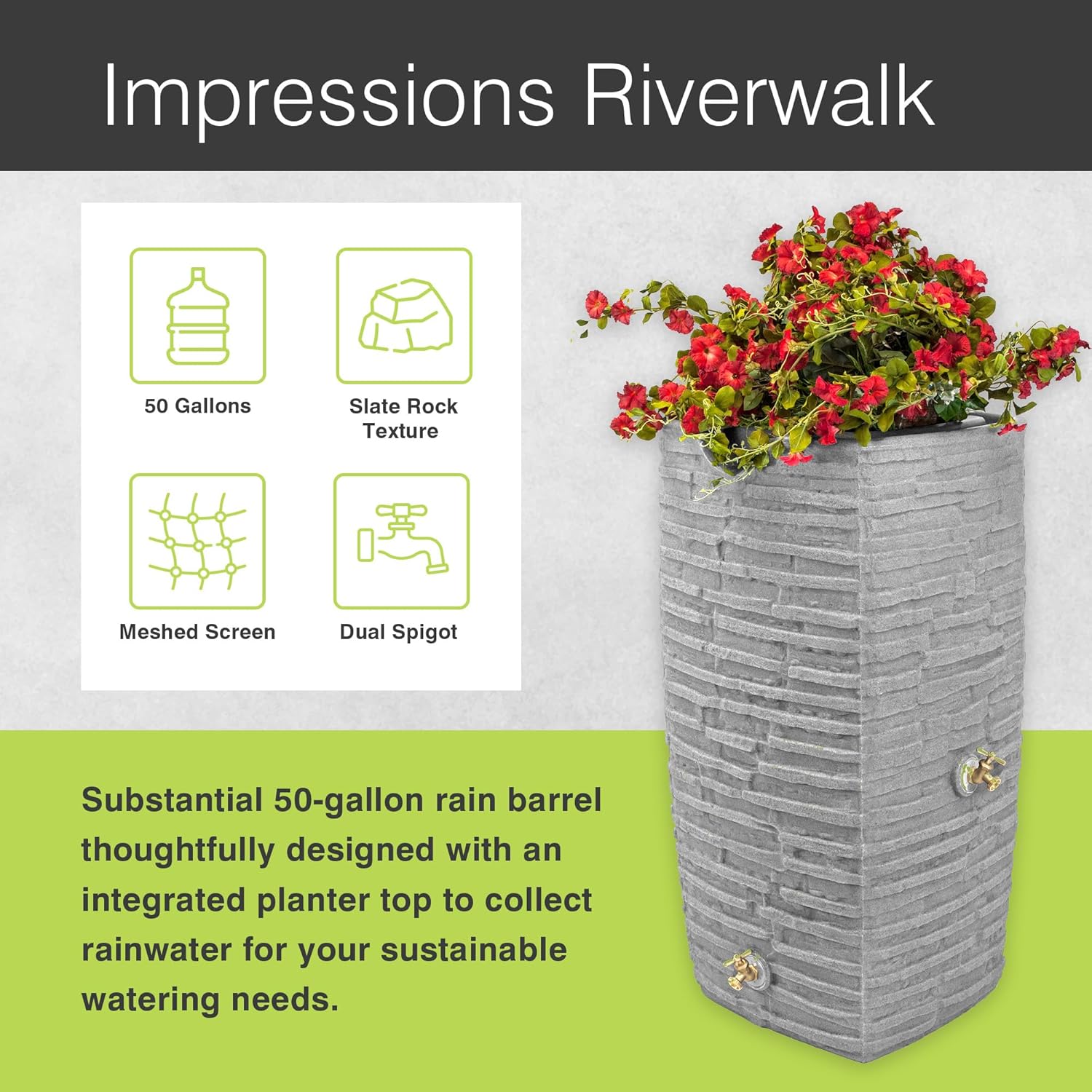 Good Ideas Rain Barrel, Faux Slate Riverwalk w 2 Brass Spigots, 50-Gal, Light Granite1