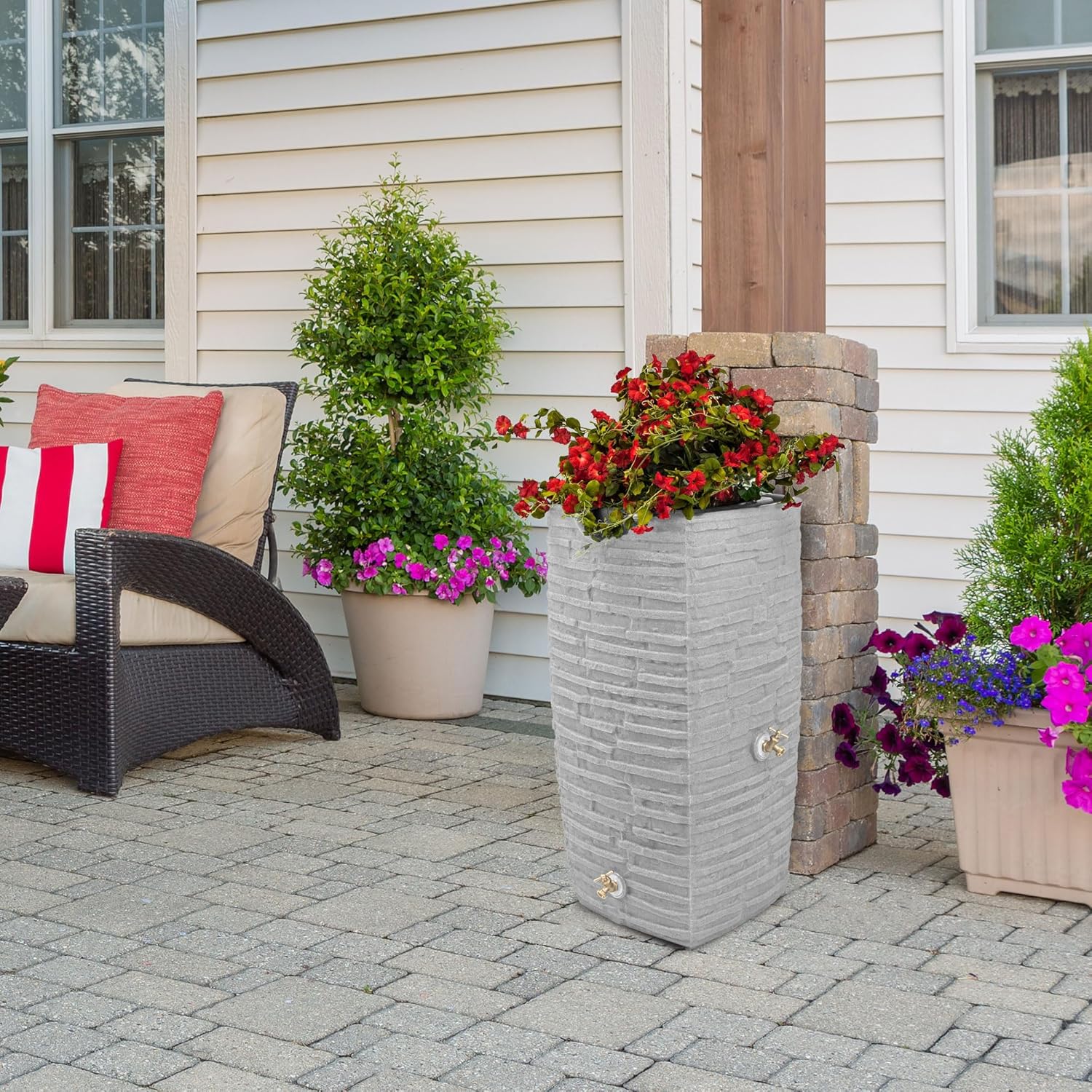 Good Ideas Rain Barrel, Faux Slate Riverwalk w 2 Brass Spigots, 50-Gal, Light Granite4